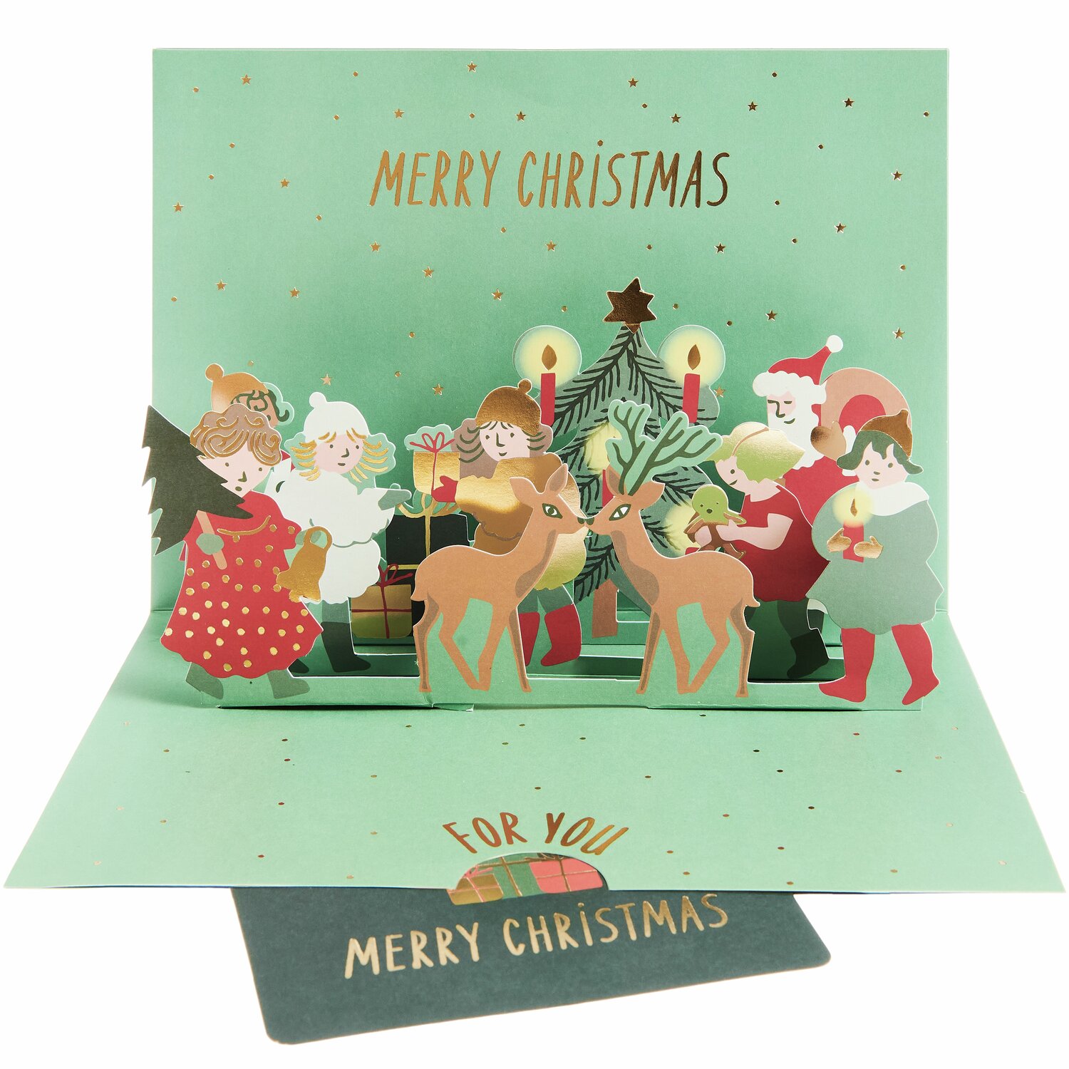Pop-Up Karte Weihnachtsmann für Geldgeschenke: Festliche Szene mit Rentieren und Weihnachtsbaum auf mintgrünem Hintergrund.
