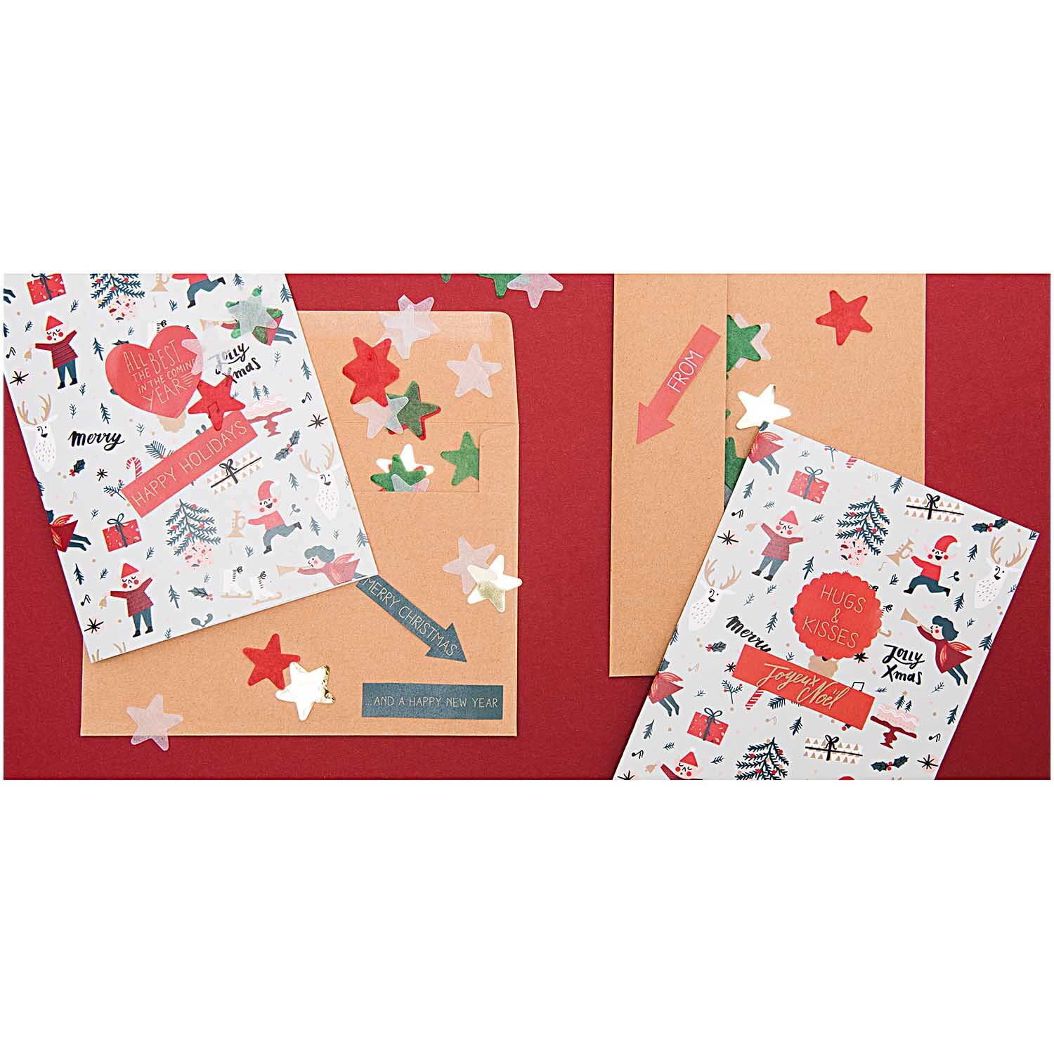 Paper Poetry Grußkartenset Jolly Christmas Classic mit festlichen Motiven und roten Akzenten auf braunem Hintergrund. Ideal für Weihnachtsgrüße.