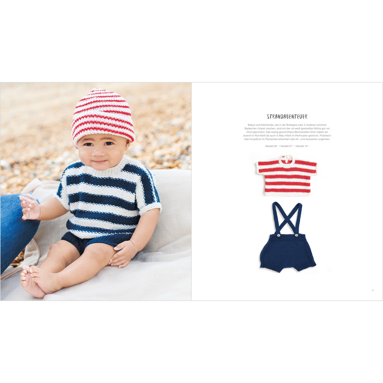 Baby Heft Nr.39 zeigt ein lächelndes Baby in gestreiftem Outfit am Strand, mit passender Mütze.