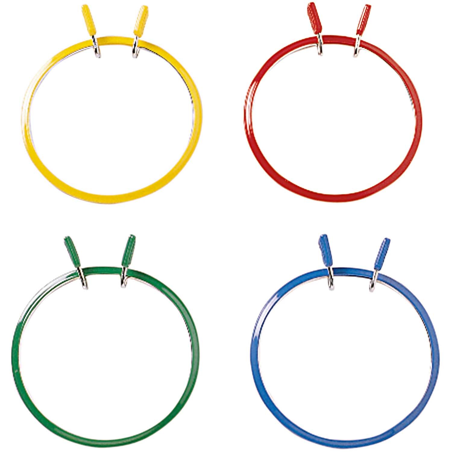 Stopfring 13cm von Rico Design in vier Farben: Gelb, Rot, Grün und Blau, auf weißem Hintergrund.