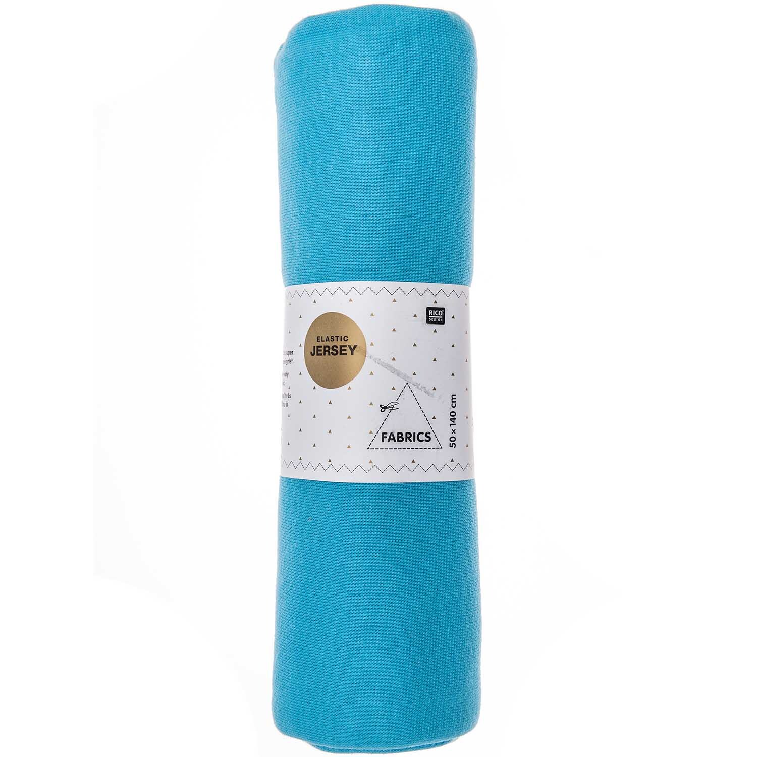 Stoff Jersey elastic 50x140cm in Türkis von Rico Design, aufgerollt und bereit zum Nähen.