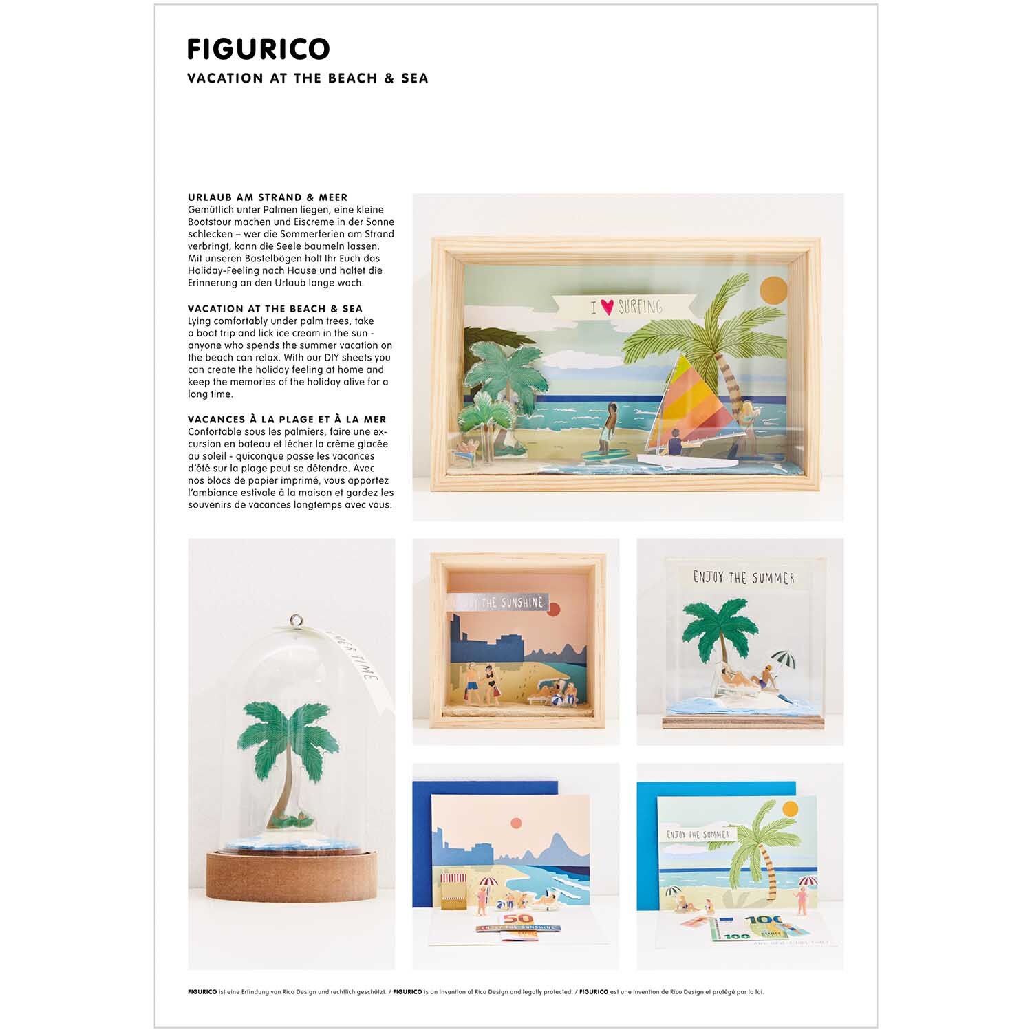 Figurico Papierkulissen Block zeigt bunte Strand- und Meerszenen in kreativen Dioramen. Ideal für Bastelprojekte.