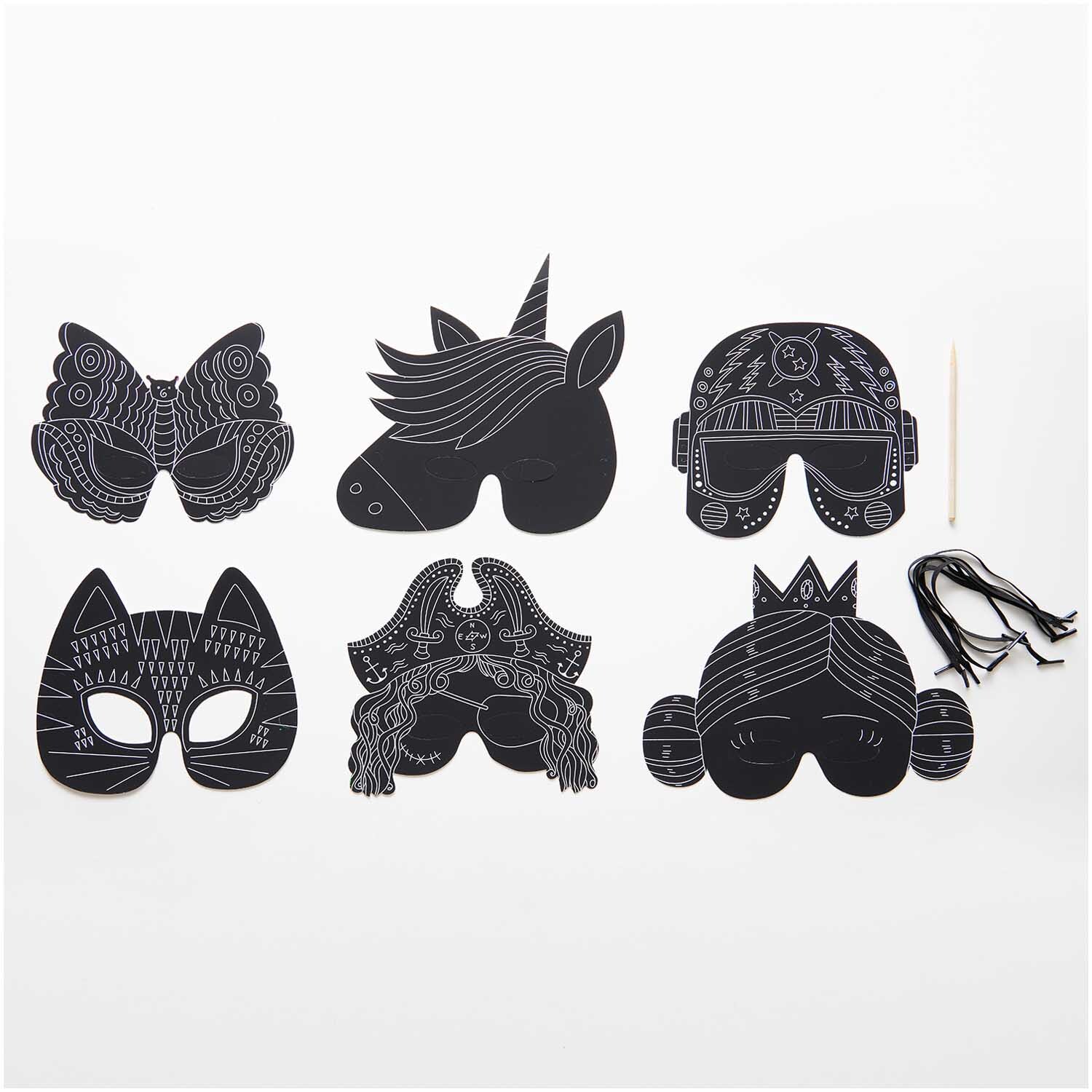 Paper Poetry Kratzpapier Masken Set 6 Stück mit Holzkratzer von Rico Design