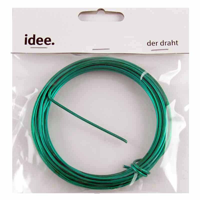 Aludraht 2mm 5m in Grün von preissler, aufgerollt in einer transparenten Verpackung mit der Aufschrift "idee. der draht".