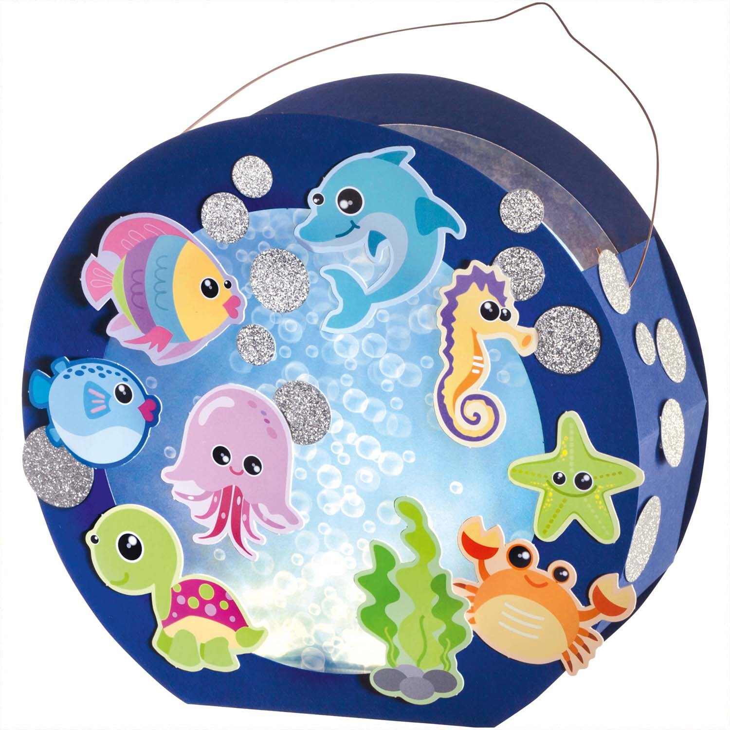 Laternen Set Unterwasserwelt mit bunten Meeresfiguren wie Delfin, Seepferdchen und Krabbe auf blauem Hintergrund. Ideal für Kinder.