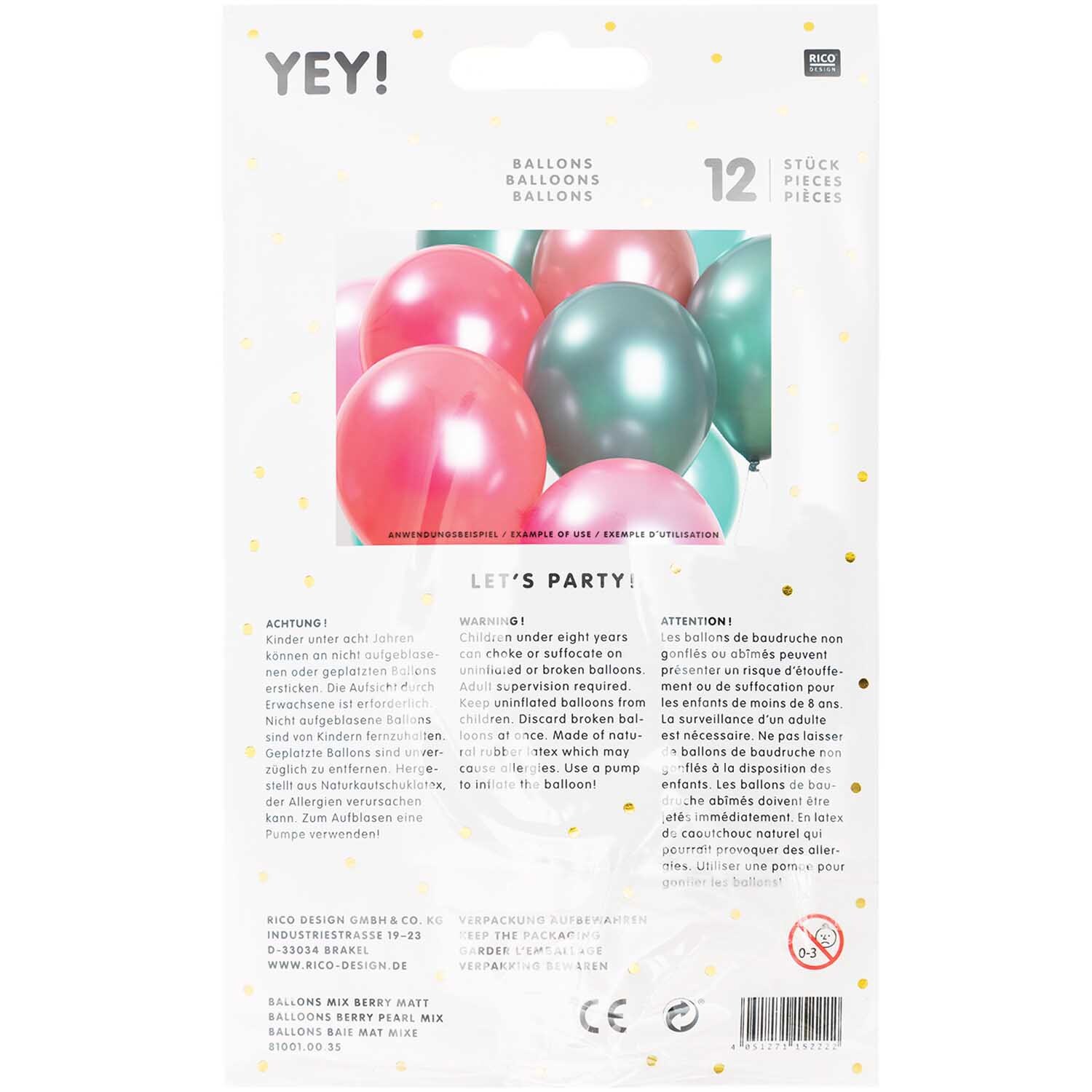 Luftballon Mix berry matt 30cm 12 Stück von Rico Design: Bunte Ballons in Rot- und Grüntönen, ideal für Partys. Verpackung zeigt Ballons und Produktdetails.