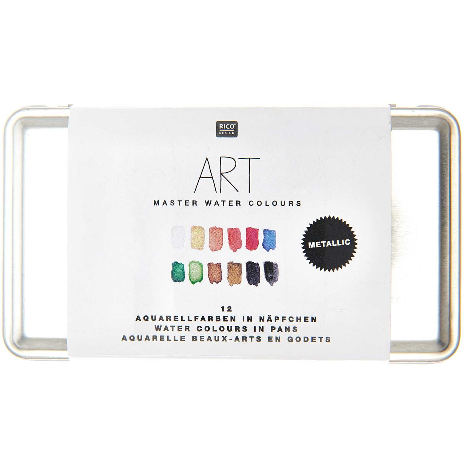 ART Master Metallic Aquarellfarben 12 Farben von Rico Design in einer Metallbox mit Farbmuster.