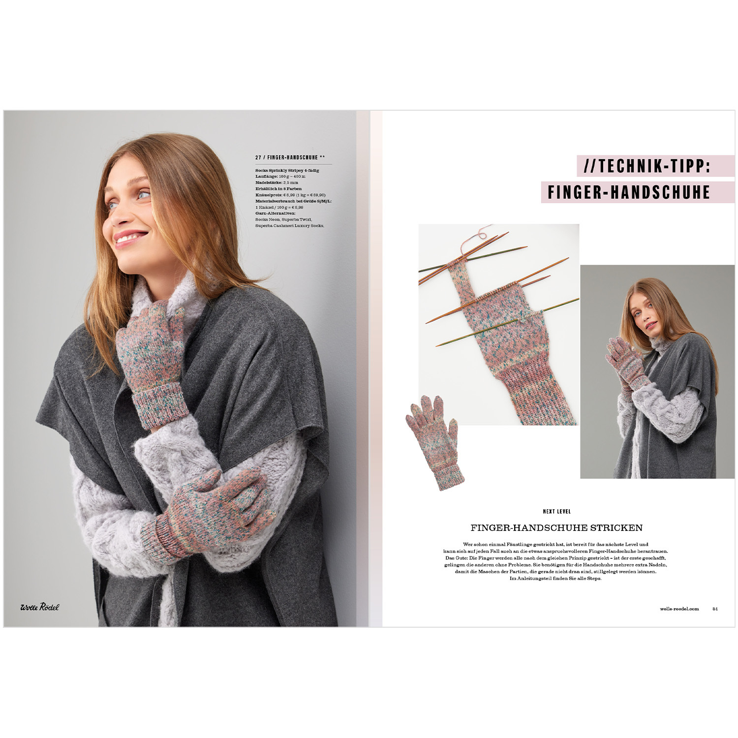 Die Neue Masche Nr. 08 Winter: Frau trägt gestrickte Fingerhandschuhe in sanften Farben, Marke Wolle Rödel.