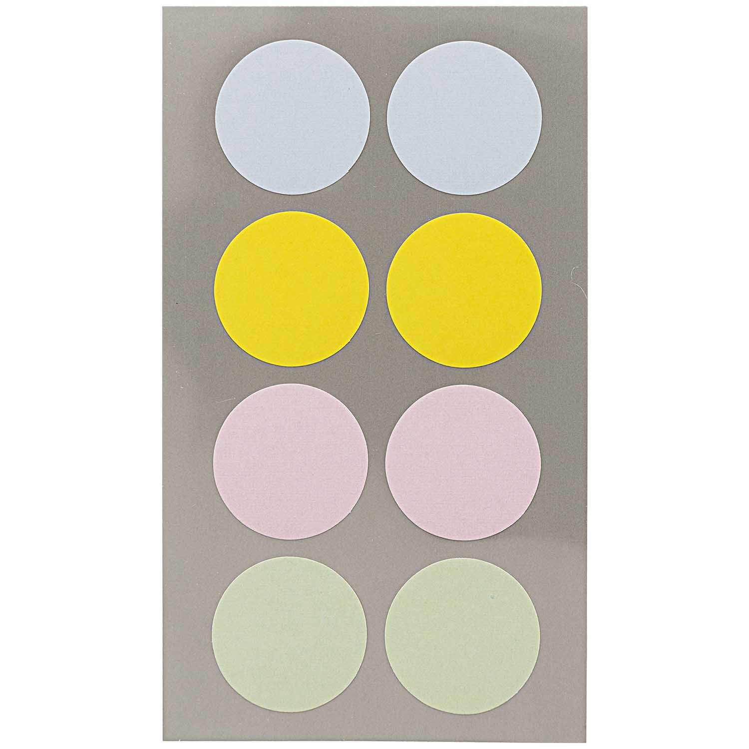 Office Sticker Punkte 25mm 4 Bogen von Rico Design in Pastellfarben auf grauem Hintergrund.
