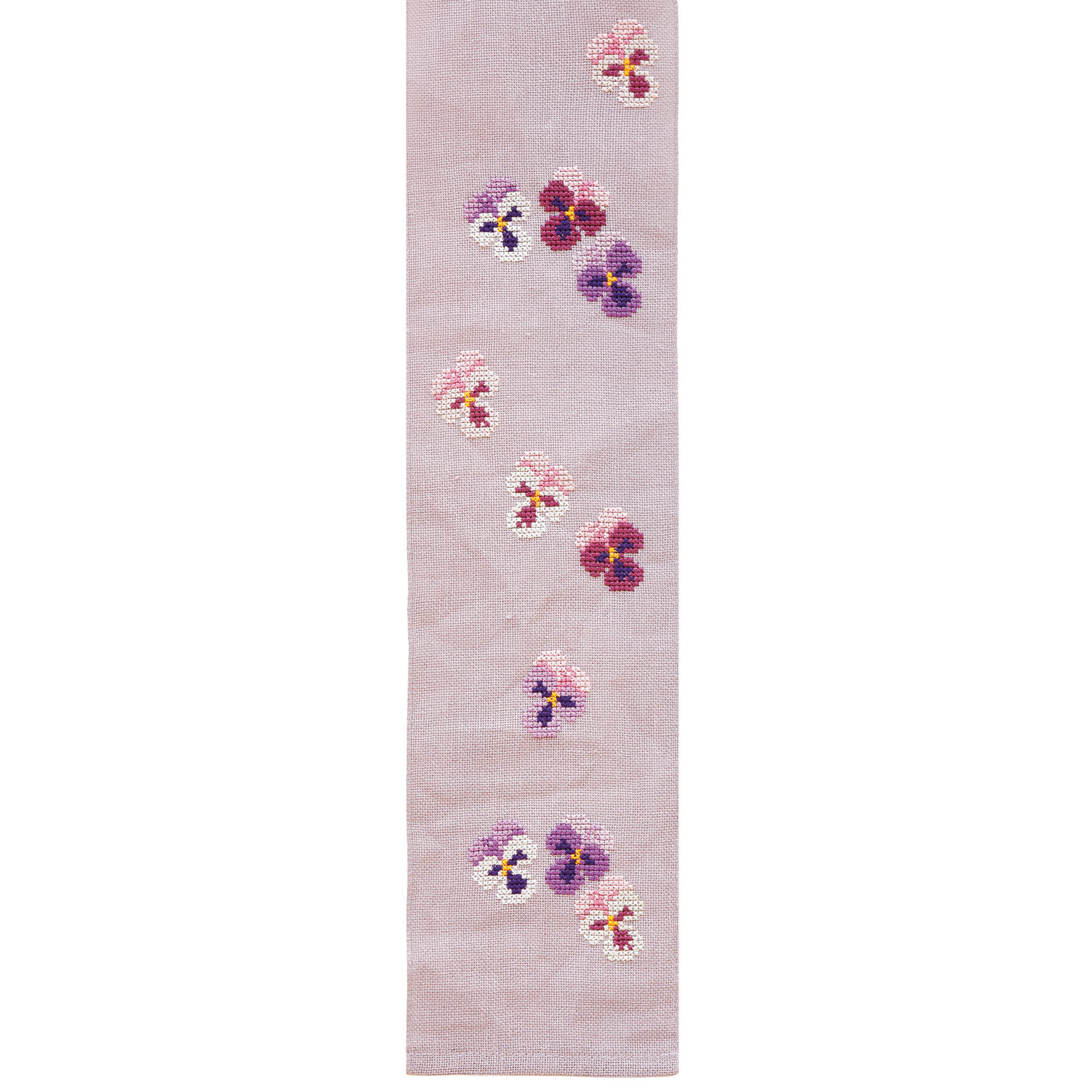 Stickpackung Schleife Stiefmütterchen: Lila Stoff mit bunten Stiefmütterchen-Motiven, 10x170cm, von Rico Design.