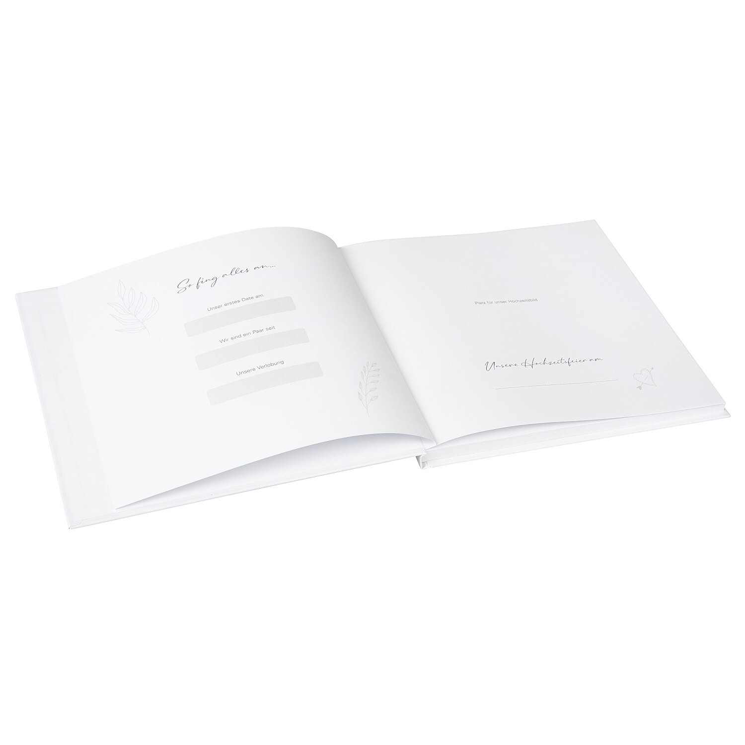 Gästebuch Blütenliebe Weiß mit 100 illustrierten Seiten, offen präsentiert, ideal für Hochzeiten.