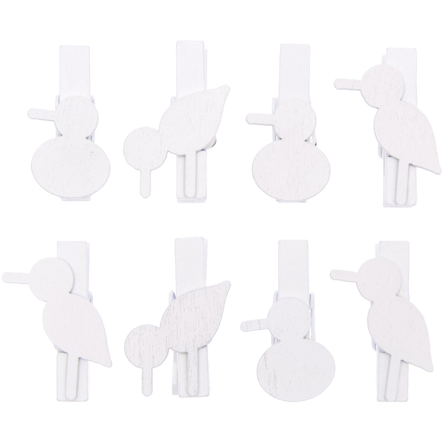 Dekoklammern Möwe Mix weiß 7x35mm 8 Stück: Acht weiße Klammern in Möwenform, ideal für kreative Dekorationen.