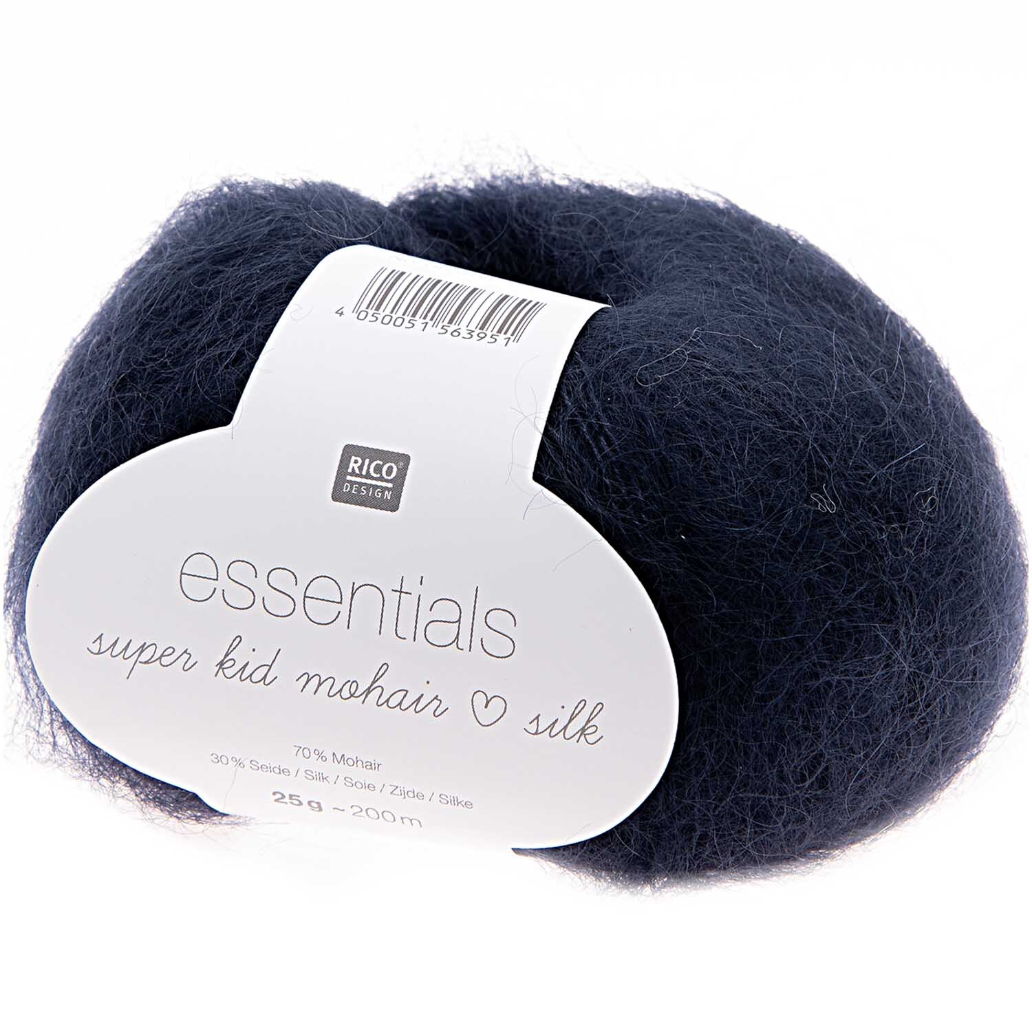 Essentials Super Kid Mohair Loves Silk: Dunkelblaues Garnknäuel von Rico Design, ideal für Stricksets.