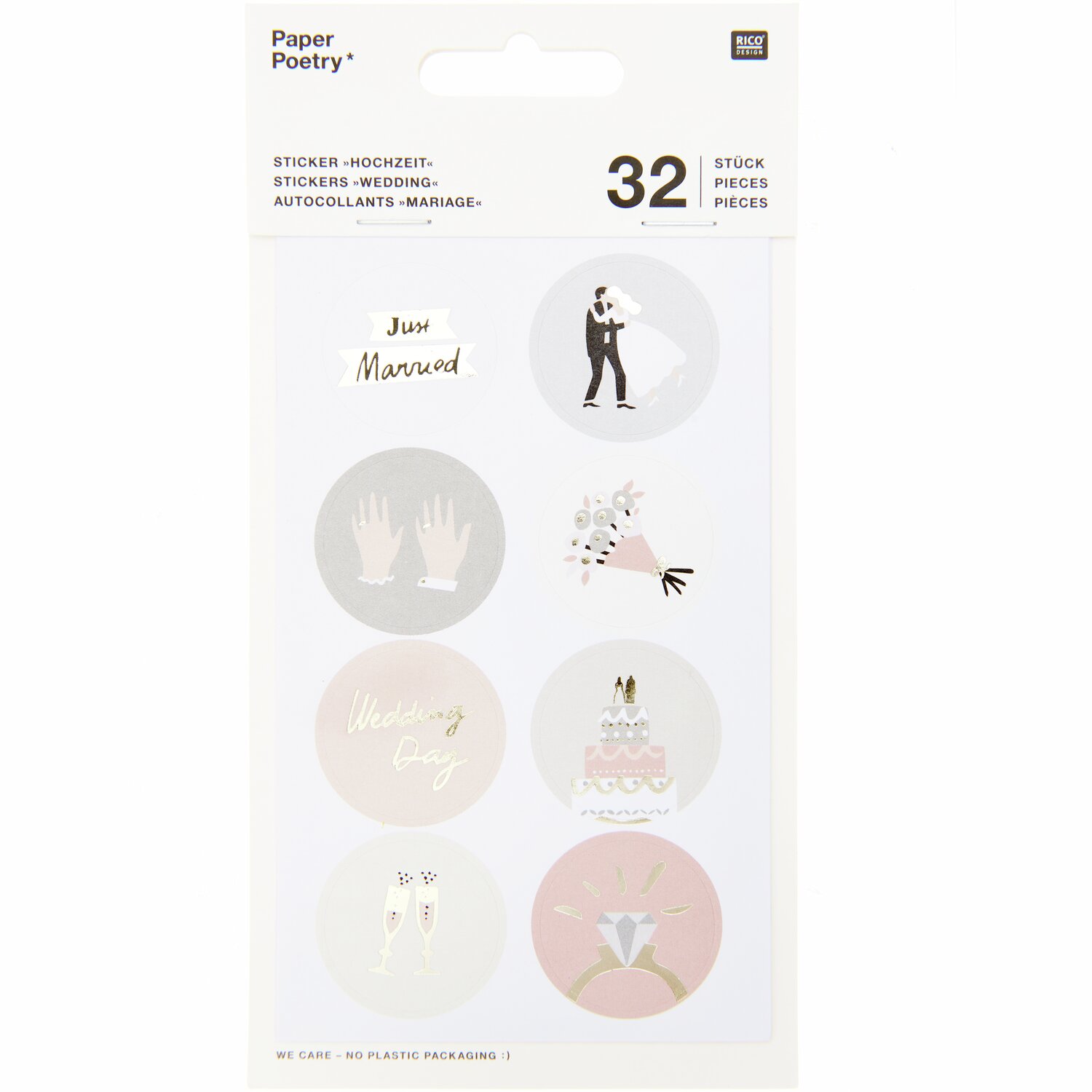 Paper Poetry Sticker Hochzeit rund 4 Blatt mit Hochzeitssymbolen wie Brautpaar und Torte. Ideal für kreative Hochzeitsdekorationen.