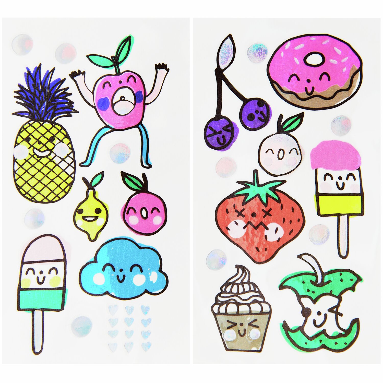 Tattoos Happy Snacks, 23-teilig: Bunte, fröhliche Obst- und Snack-Motive auf weißem Hintergrund.