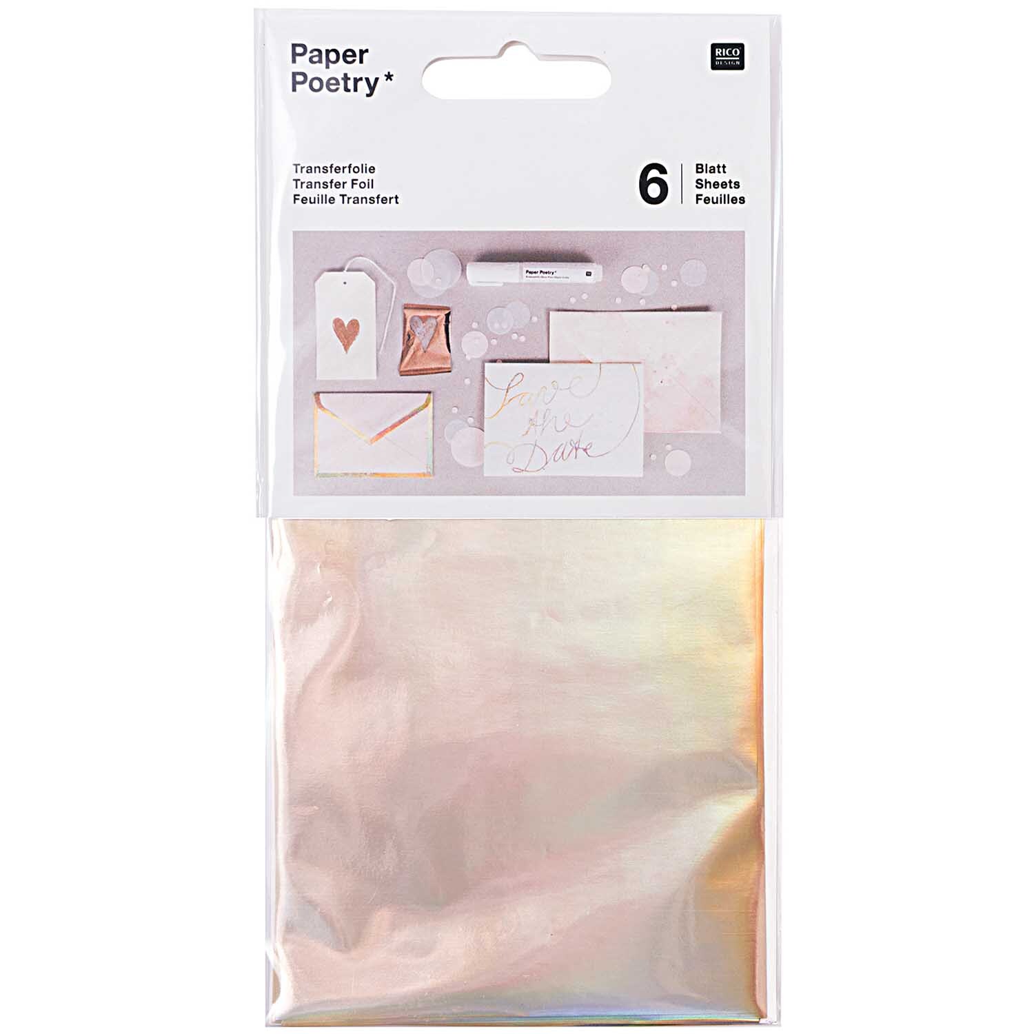 Transferfolie 9x15cm 6 Blatt von Rico Design, irisierend. Verpackung zeigt kreative Anwendungen der Folie. Ideal für DIY-Projekte.
