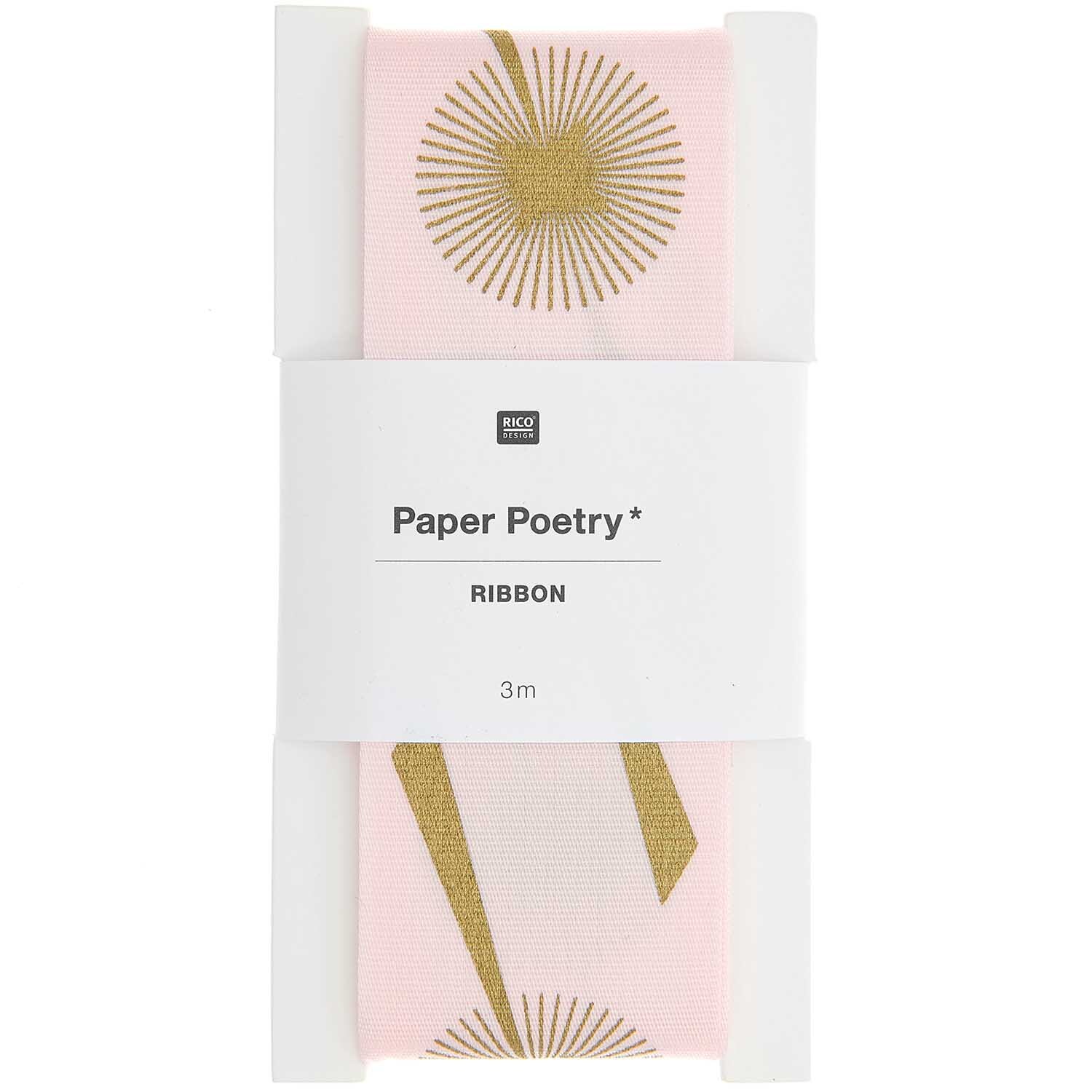 Paper Poetry Taftband Sternschnuppen in Rosa mit goldenen Mustern, 3m lang, von Rico Design.