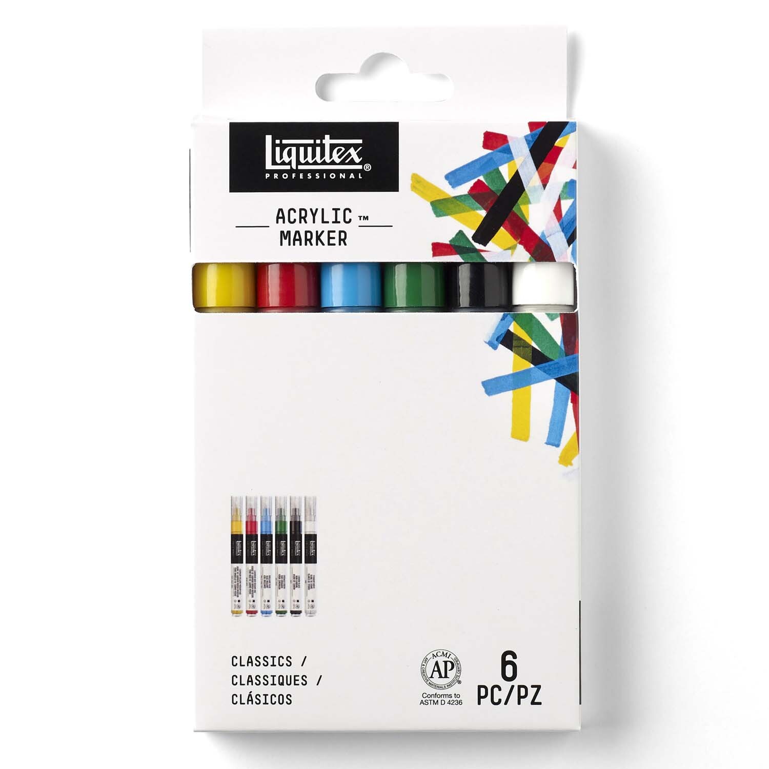 Paint Acryl Marker Set fein 6 Stück von Liquitex in einer Verpackung mit sechs leuchtenden Farben.
