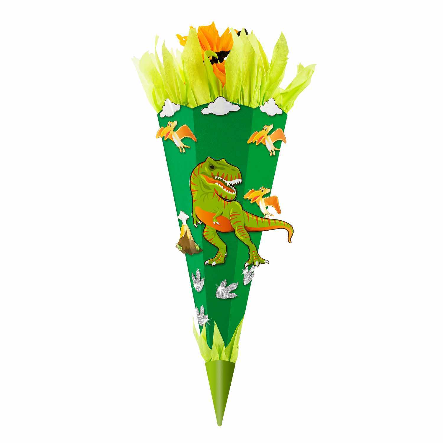 Schultüte Bastelset Dino mit grünem Design, verziert mit Dinosauriern und Federn, 70 cm hoch, von goldbuch.