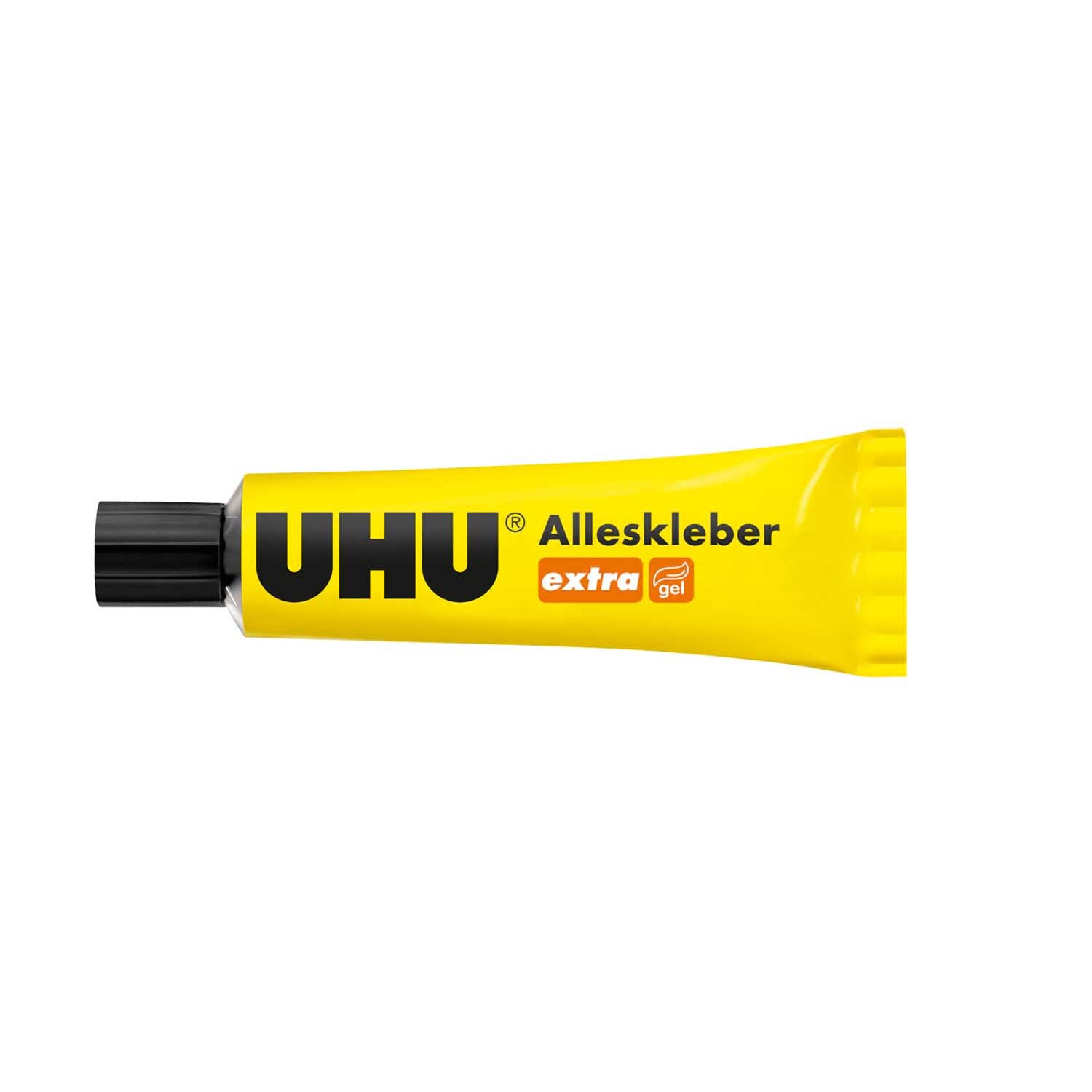 Alleskleber extra 31g: Gelbe Tube mit schwarzem Verschluss, Marke UHU, ideal für vielseitige Anwendungen.