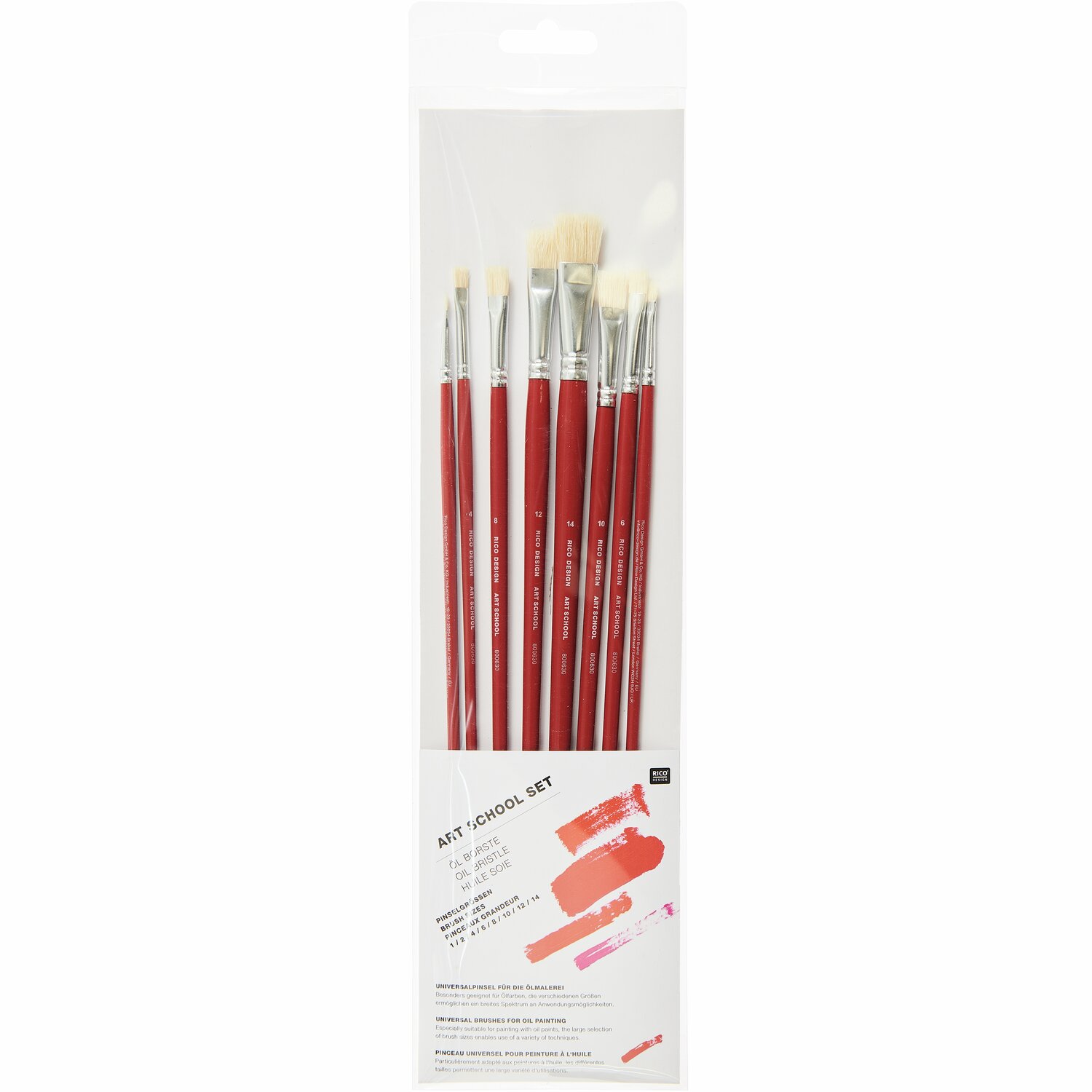 Art School Öl Borstenpinselset, 8-teilig, rote Griffe, ideal für präzises Malen.