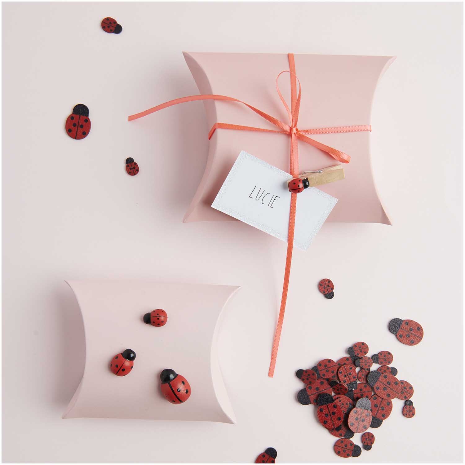 Holzsticker Marienkäfer 24 Stück von Rico Design auf rosa Geschenkboxen mit Schleife und Karte.