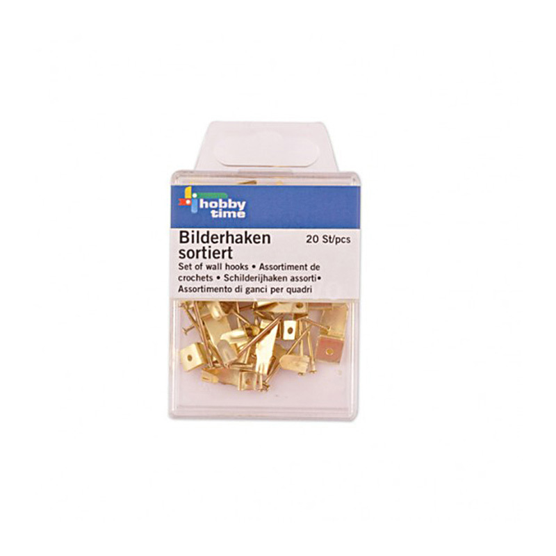 Bilderhaken sortiert 20 Stück in einer transparenten Verpackung, goldfarben, von Glorex. Ideal zum Aufhängen von Bildern.