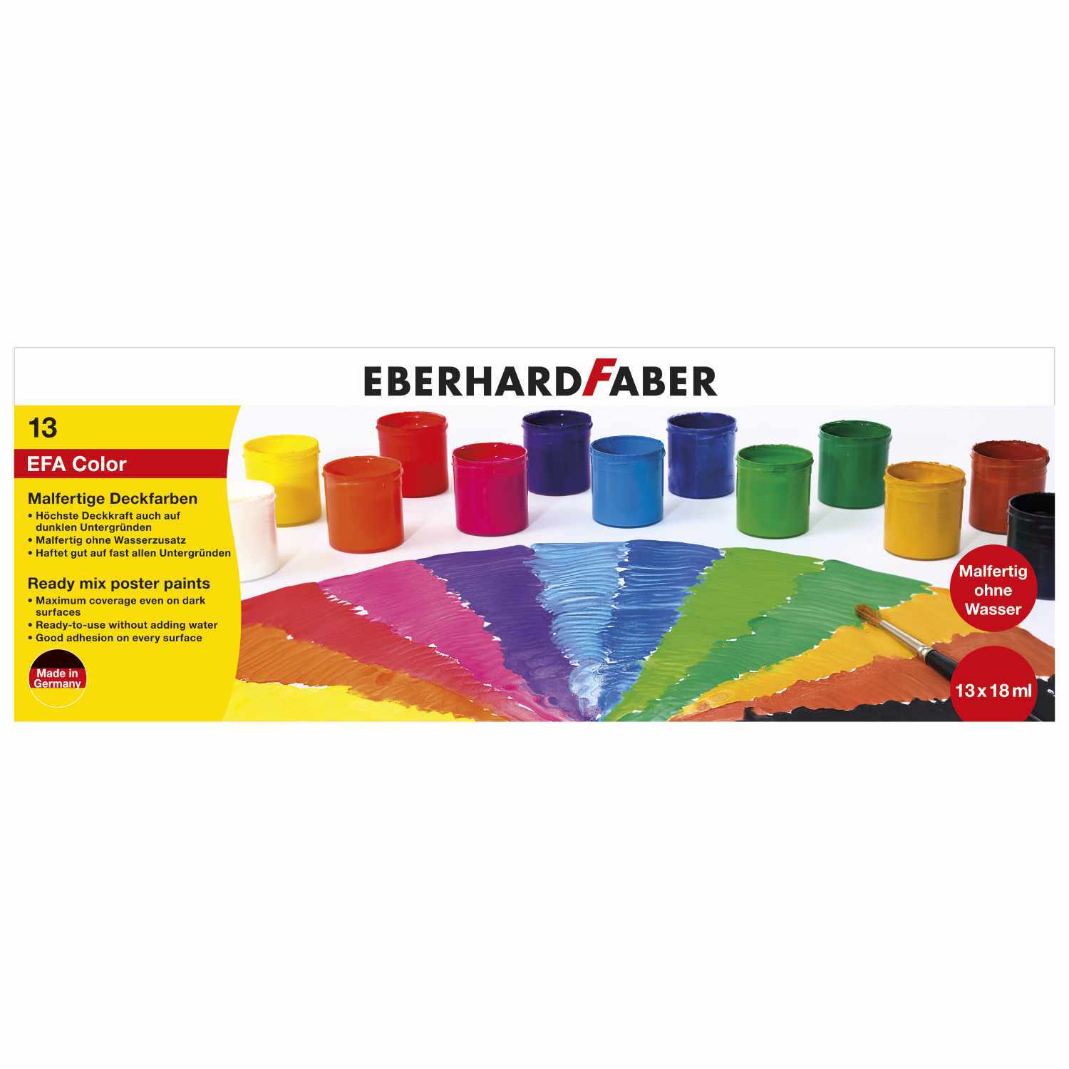 Malfertige Deckfarben 13 Farben à 18ml von Eberhard Faber: Bunte Farbtöpfe und Farbpalette auf weißem Hintergrund.