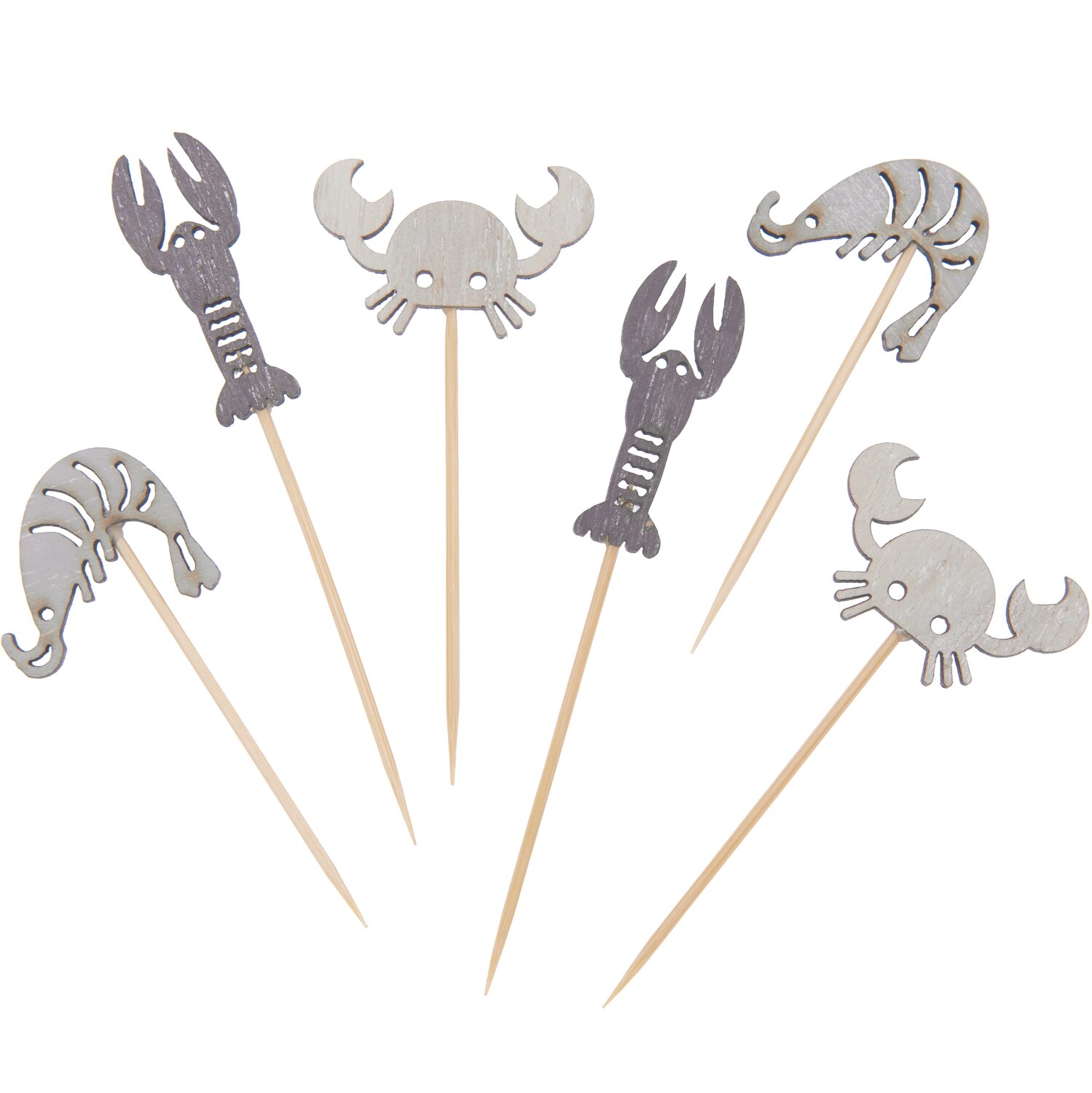 Deko-Picker Meerestiere Mix natur, 6 Stück, 6-7,2cm, zeigen graue Krabben und Hummer.