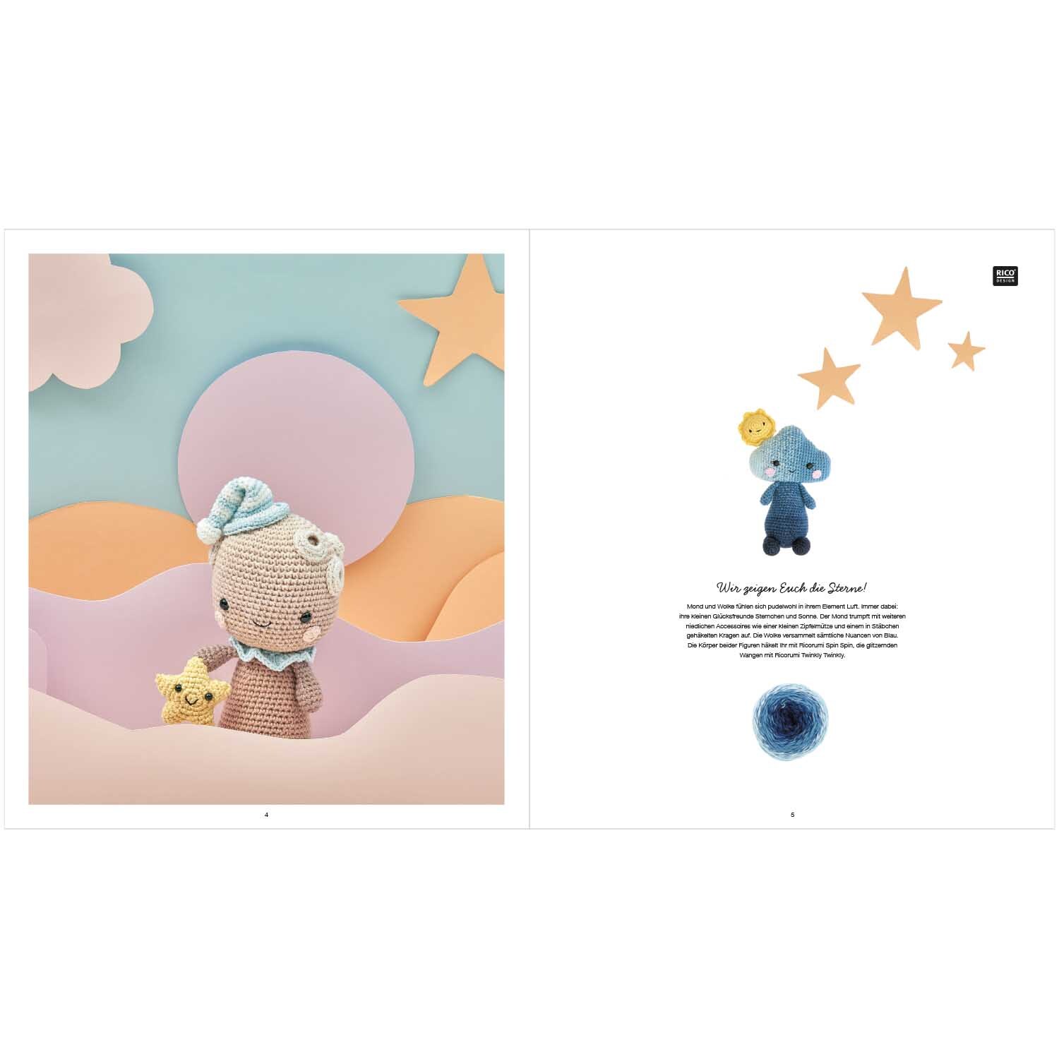 Ricorumi Element Heads deutsch: Häkelpuppe mit Mütze und Sternen, umgeben von pastellfarbenen Wolken.