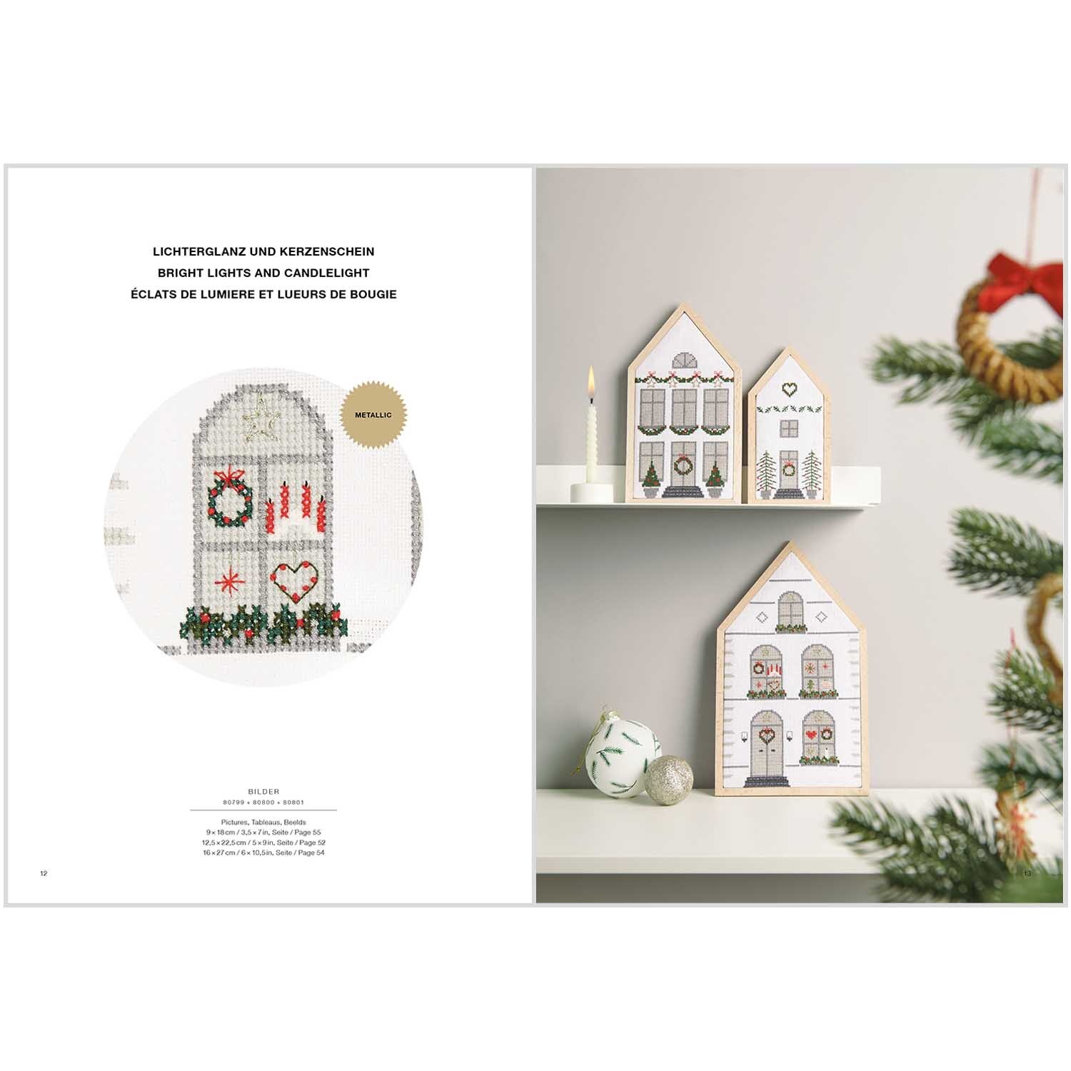 Stickbuch Christmas Joy Nr. 182 zeigt festliche Stickmotive mit weihnachtlichen Häusern und Dekorationen.