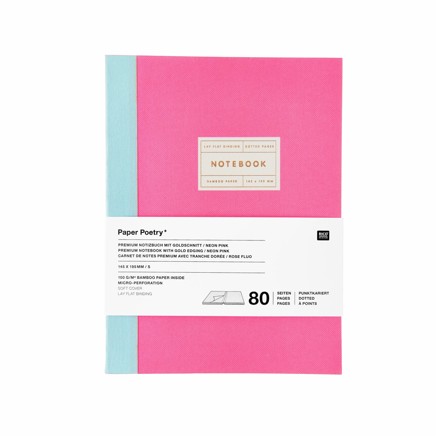 Paper Poetry Notizbuch S in Neonpink mit Goldrand von Rico Design, 80 Seiten, ideal für kreative Notizen.