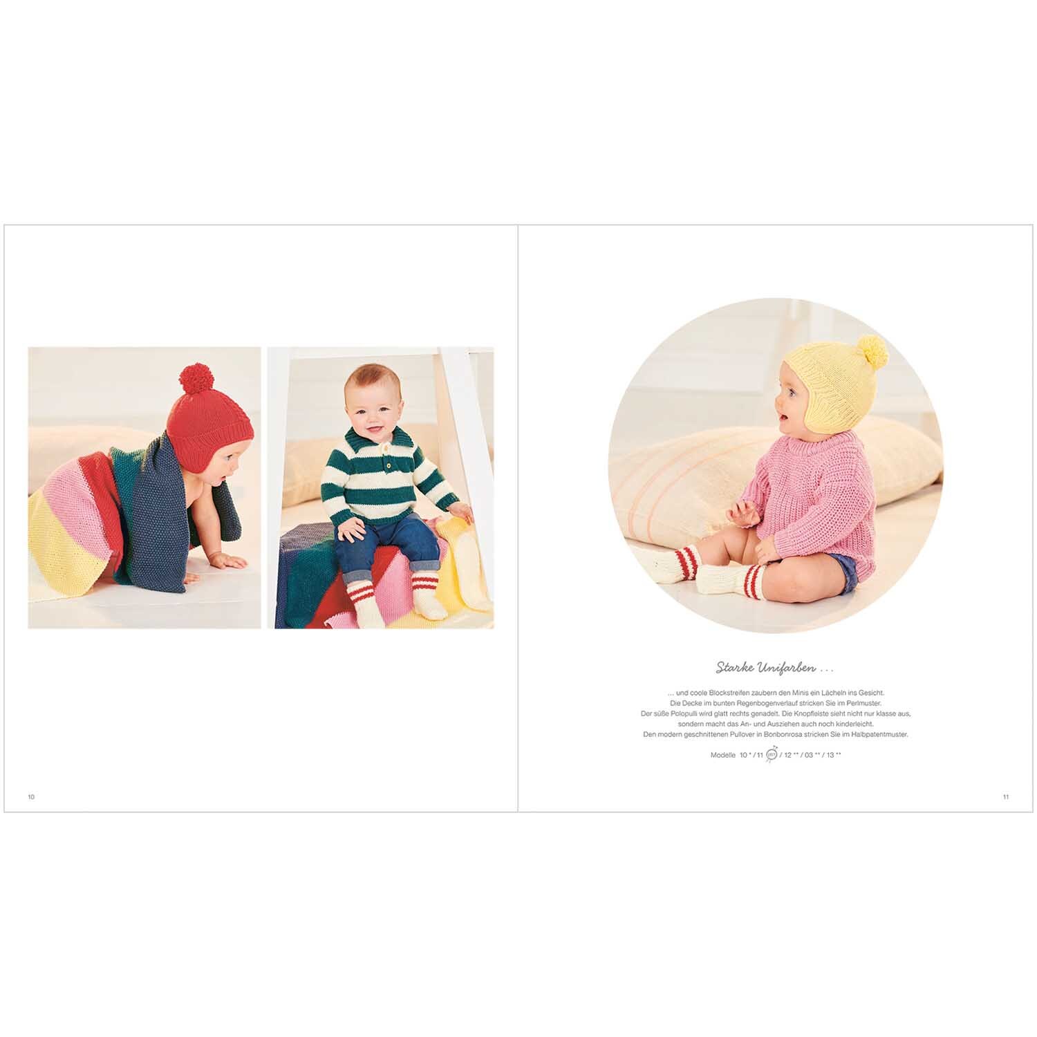 Rico Baby Heft Nr.34 zeigt Babys in bunter Strickmode mit Mützen und Streifenpullovern von Rico Design.