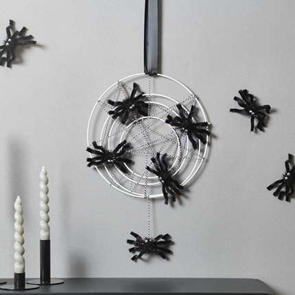 Gebasteltes Spinnennetz aus weißen Ringen und Band mit Spinnen aus Chenilledraht. Fotosetting graue Wand.