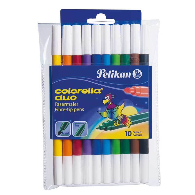 Fasermaler Colorella Duo, 10-teiliges Set von Pelikan, zeigt bunte Stifte in einer transparenten Verpackung.