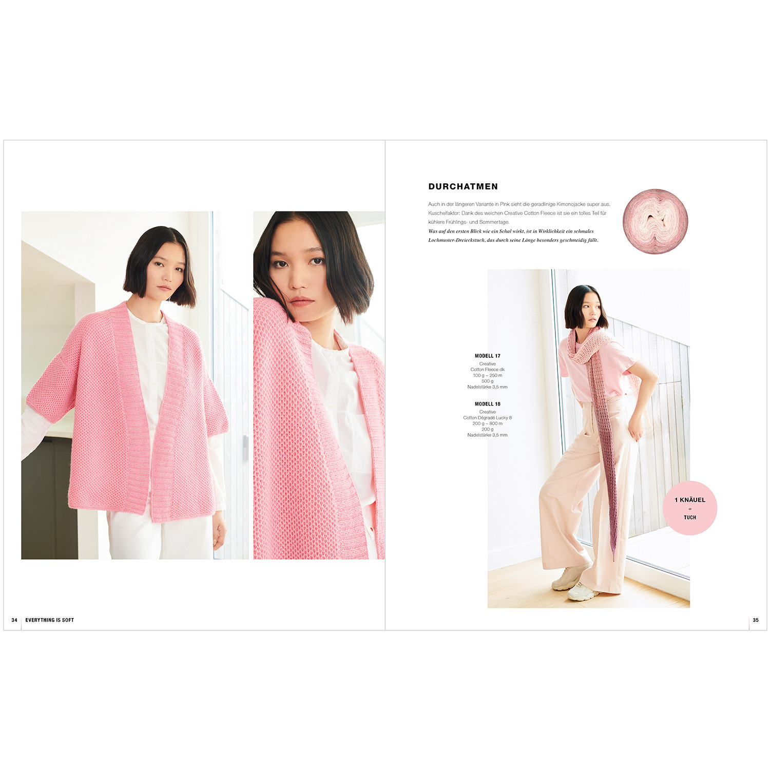 Lovewool Nr.18 Handstrickmagazin Frühjahr-Sommer zeigt ein Modell in rosa Strickjacke von Rico Design, kombiniert mit weißer Kleidung.