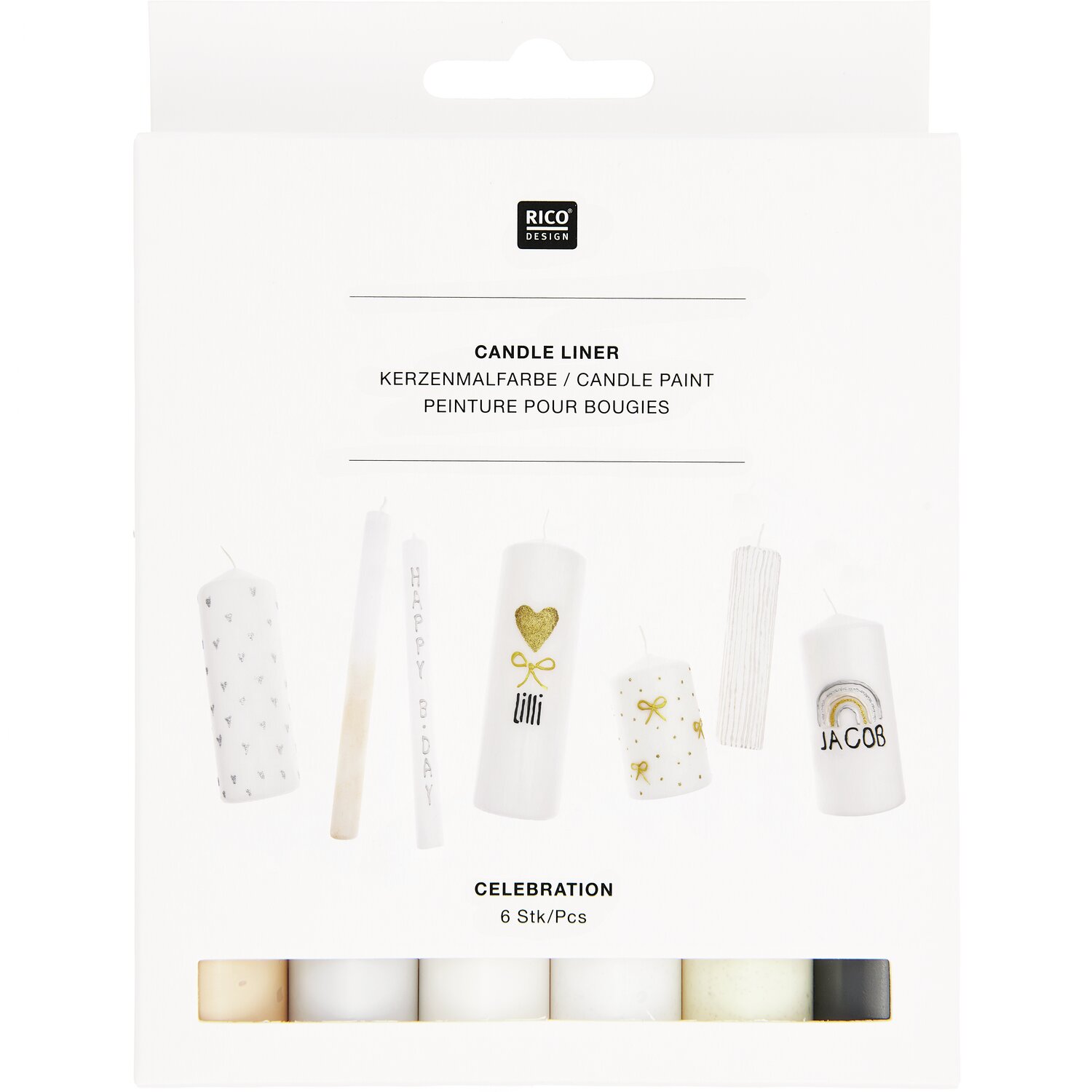 Candle Liner Kerzenmalfarbe Set Celebration von Rico Design zeigt sechs Flaschen à 30ml in verschiedenen Farben, ideal zum kreativen Gestalten von Kerzen.
