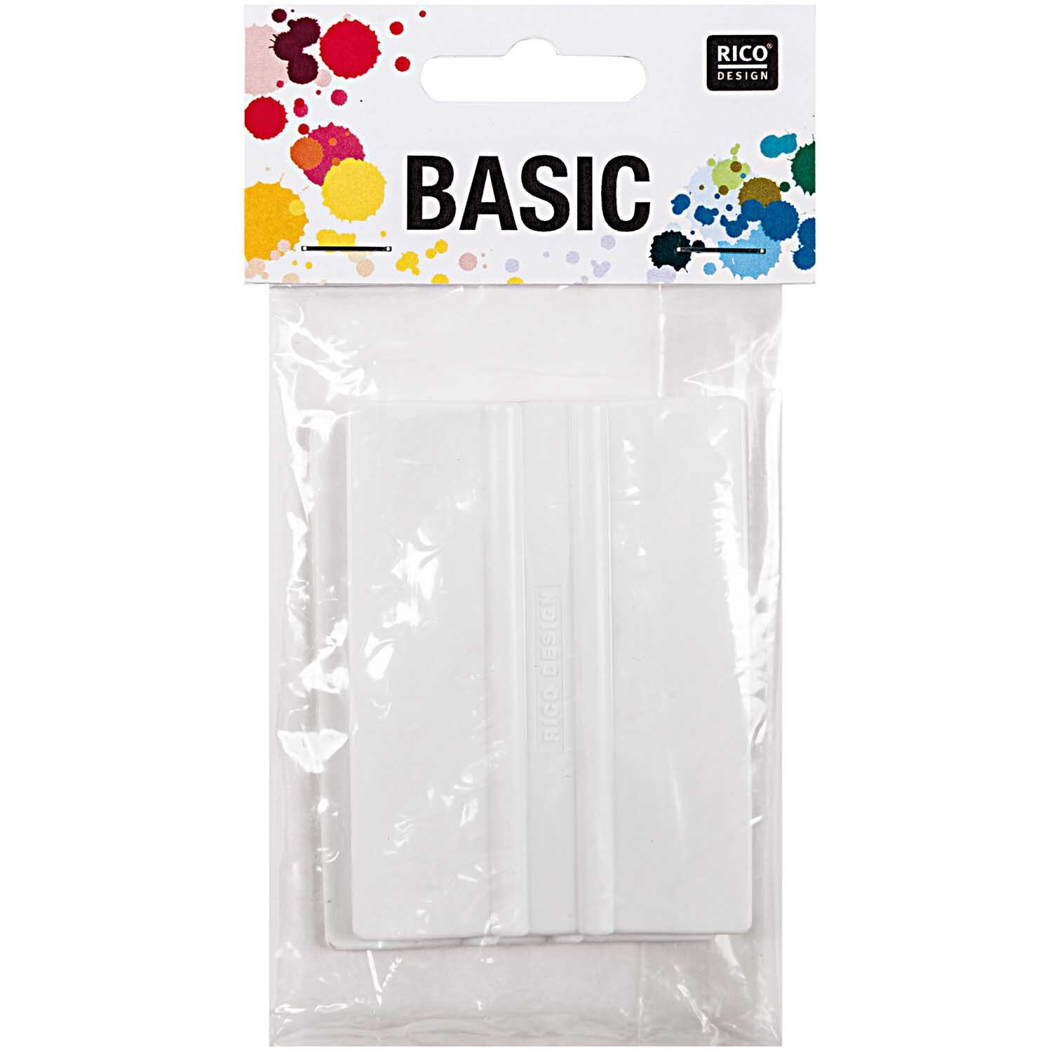 Spachtelset Kunststoff 2 Stück von Rico Design in Weiß, verpackt in einer transparenten Tüte.