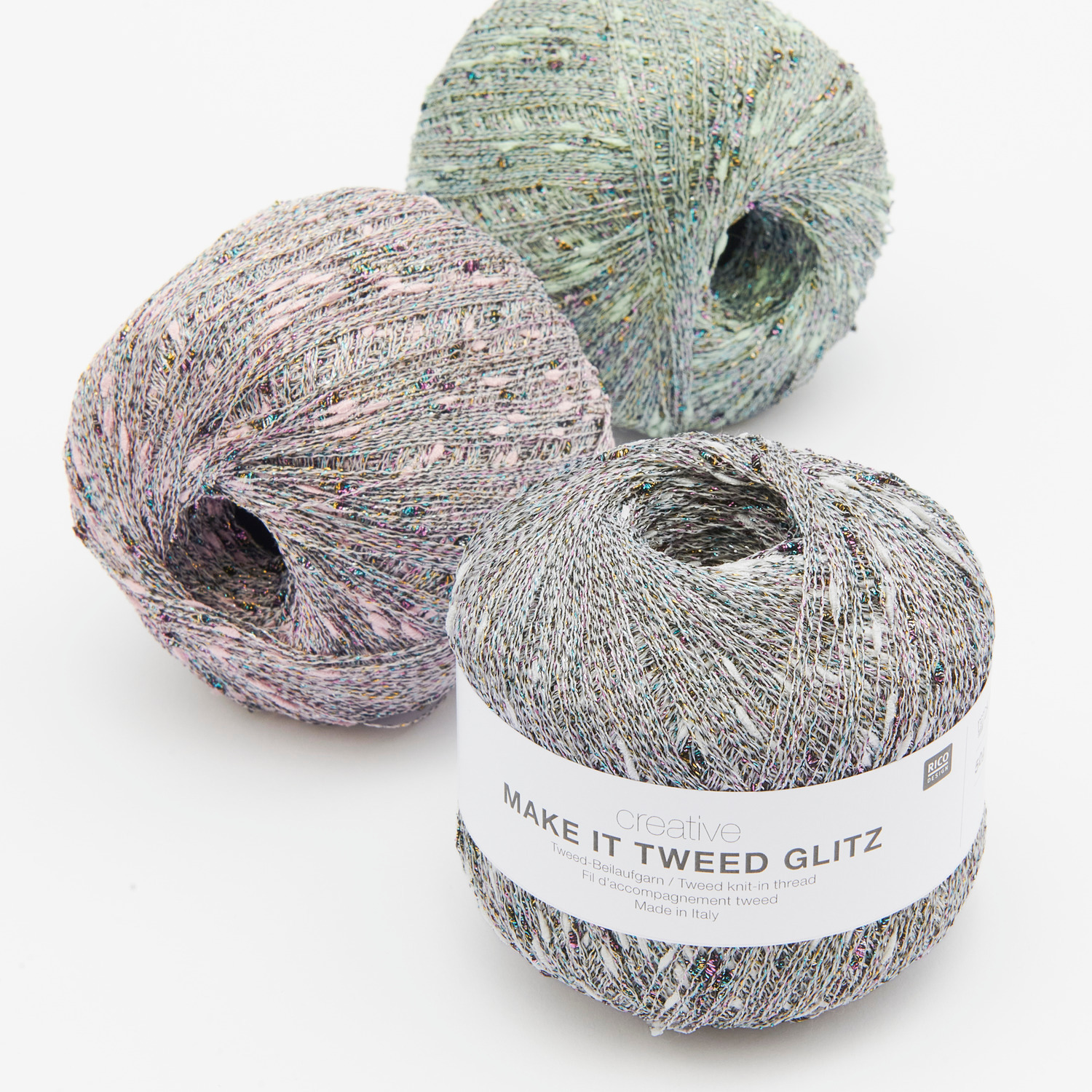Creative Make It Tweed Glitz: Drei Garnknäuel in Natur, Rosa und Mint von Rico Design, 50g 525m. Ideal für kreative Strickprojekte.