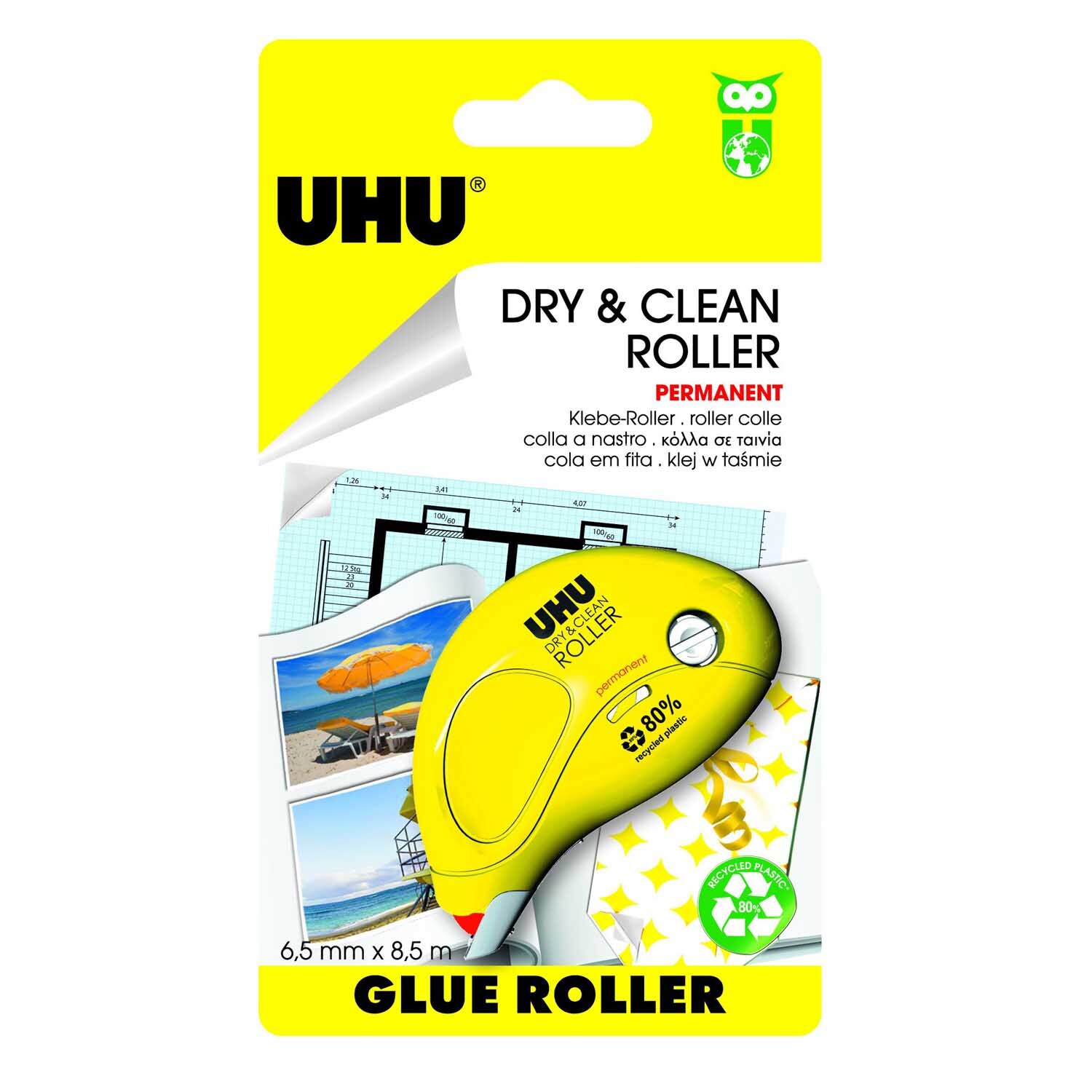 Dry & Clean Roller permanent 6,5mm von UHU: Gelber Kleberoller in Verpackung, ideal für präzises Kleben.