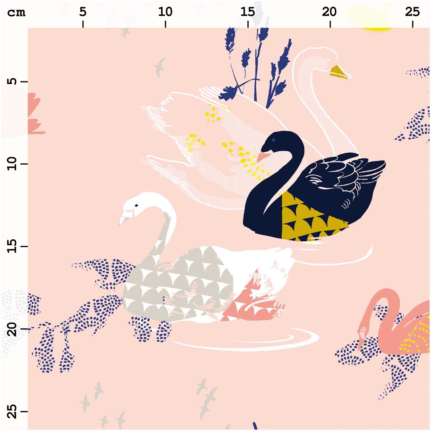Druckstoff Okina Hana zeigt elegante Schwäne in Rosa und Schwarz auf einem zarten Hintergrund. Ideal für kreative Nähprojekte.