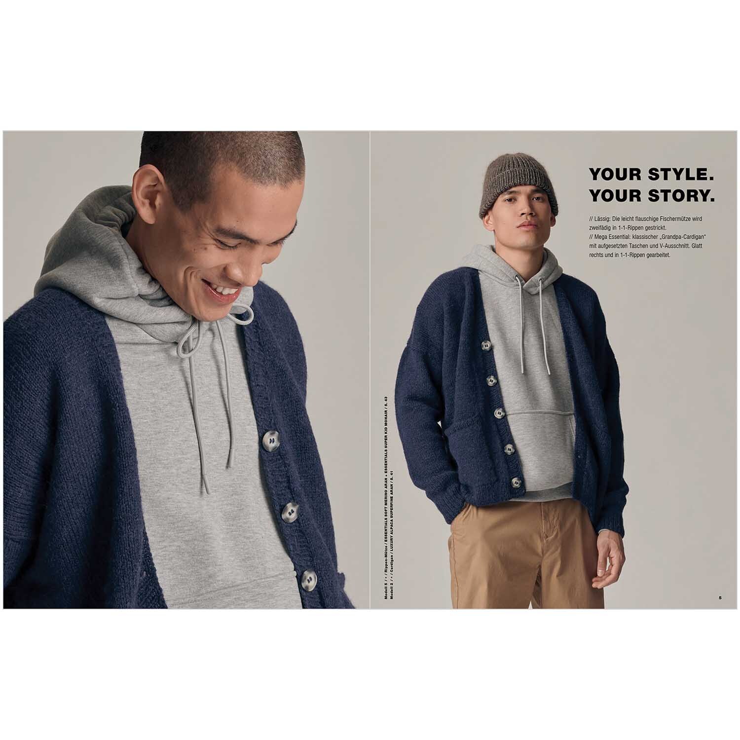 Made by Me Handknitting Men Nr.2 Fashion Edition: Zwei Männer in blauer Strickjacke und grauem Hoodie von Rico Design.