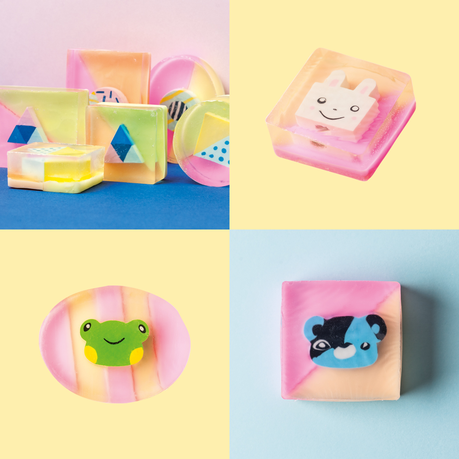 Bastelanleitung Seife mit kleinen Geschenken: Bunte Seifen mit Tiermotiven und geometrischen Formen auf pastellfarbenem Hintergrund.
