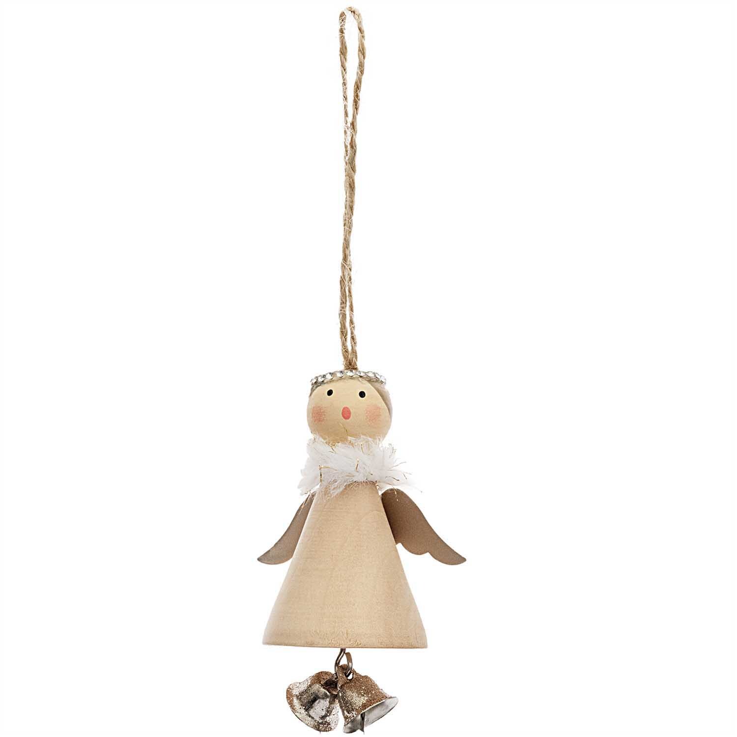 Holzhänger Engel mit Glöckchen natur 8cm von Rico Design: Ein hölzerner Engel mit Flügeln und Glöckchen, ideal als Dekoration.