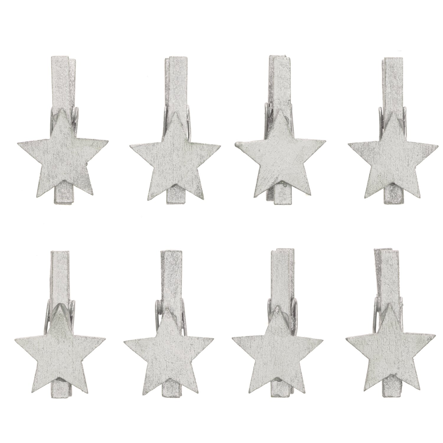 Dekoklammern Stern silber 3cm 8 Stück: Acht silberne Sternklammern von Rico Design, ideal für kreative Dekorationen.