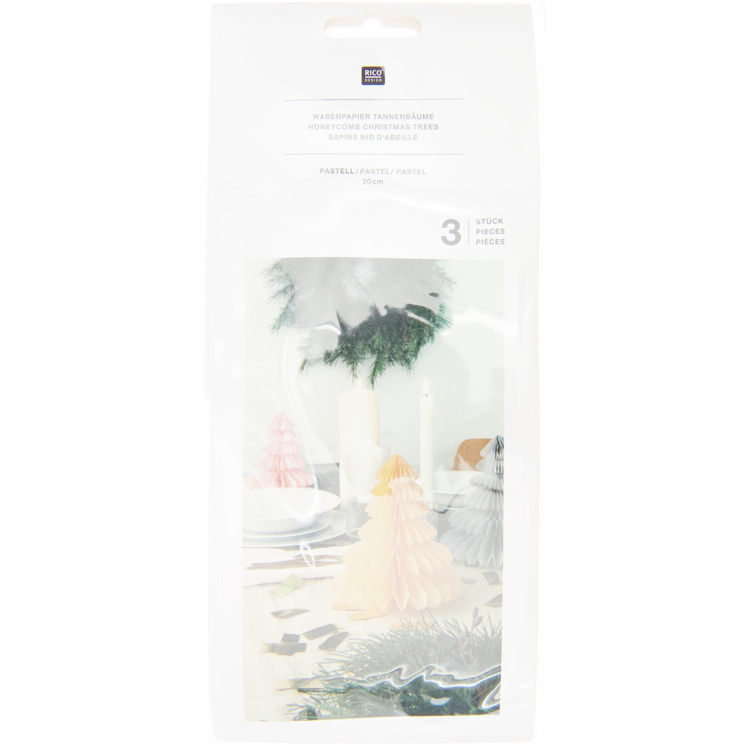 Wabenpapier Tannenbäume 20cm 3 Stück in Pastellfarben von Rico Design, dekorativ verpackt.