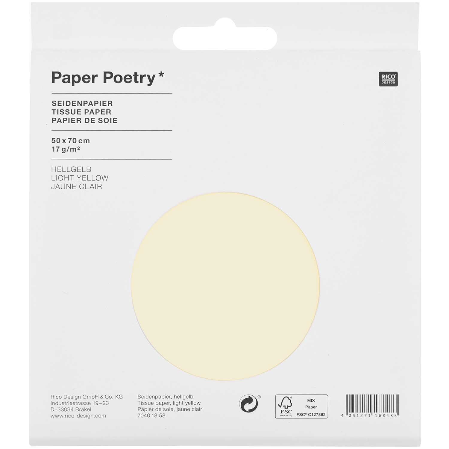 Paper Poetry Seidenpapier von Rico Design in hellgelb, 50x70cm, 17g/m², 5 Bogen, ideal für kreative Projekte.