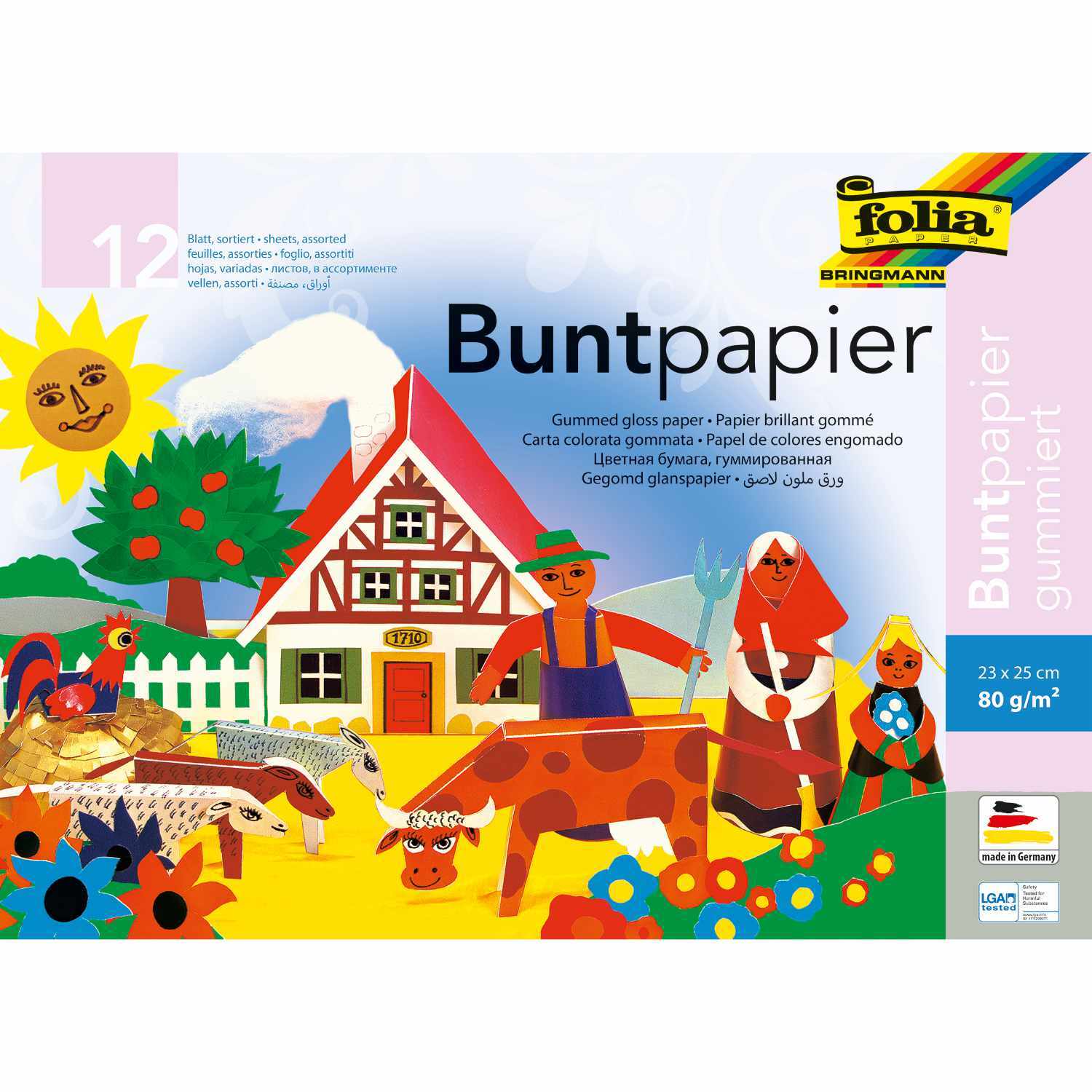 Buntpapier-Heft gummiert mit 12 Blättern, zeigt bunte ländliche Szene mit Tieren und Menschen.