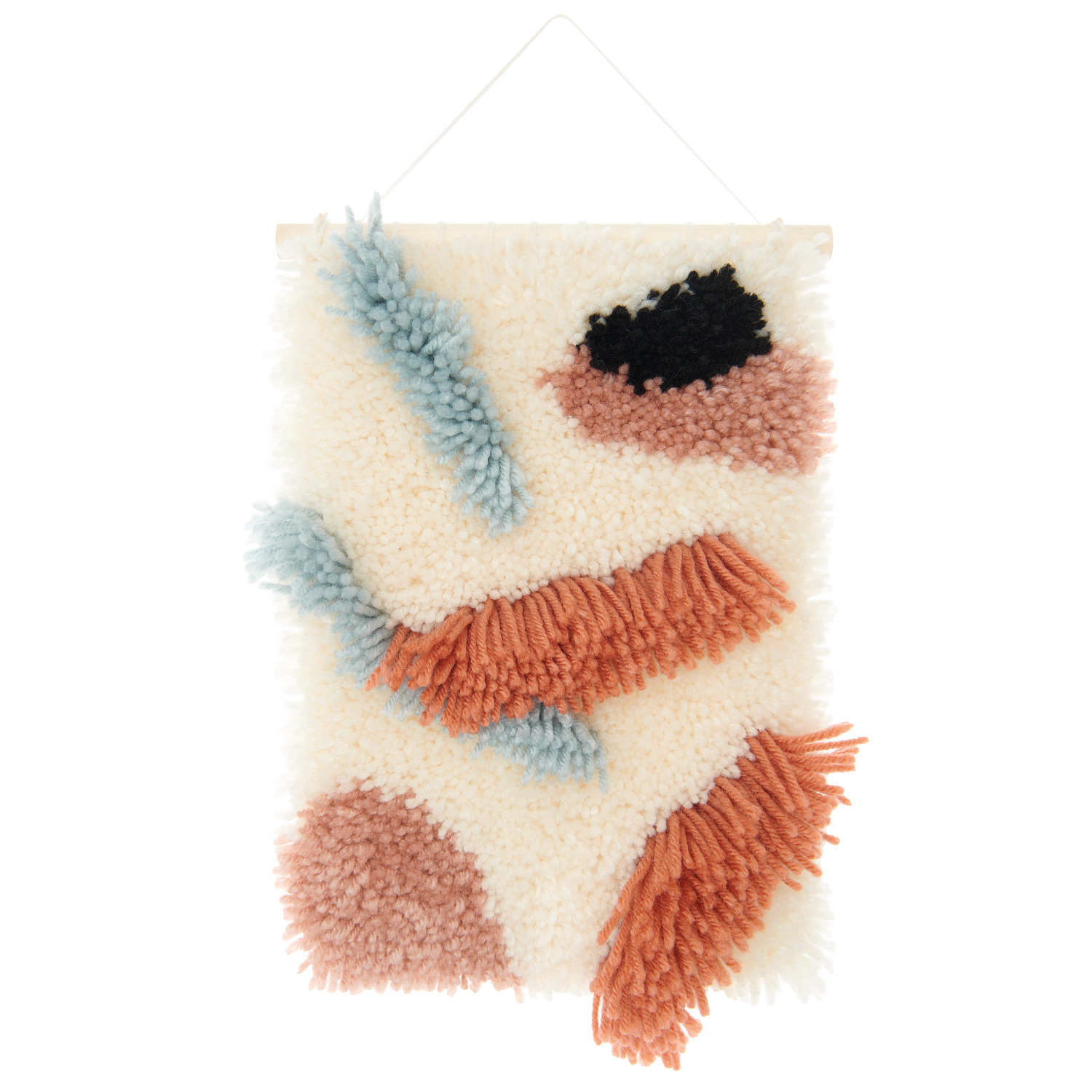 Rico Hooki Hooki Knüpfset Wandbehang Steine zeigt einen flauschigen, bunten Wandteppich in 20x30cm.