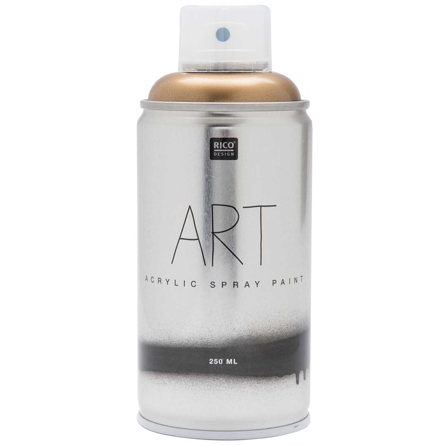 Art Acrylic Spray Paint gold 250ml von Rico Design. Die goldene Sprühdose steht aufrecht.